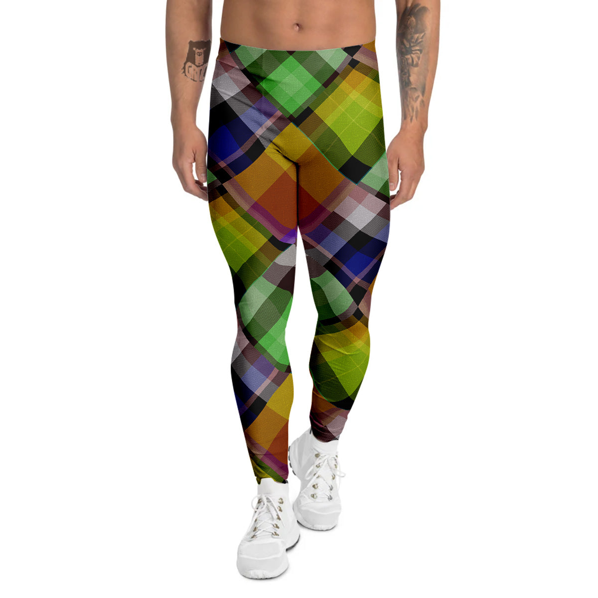 Diagonal Madras Plaid Print Pattern Men's Leggings-grizzshop