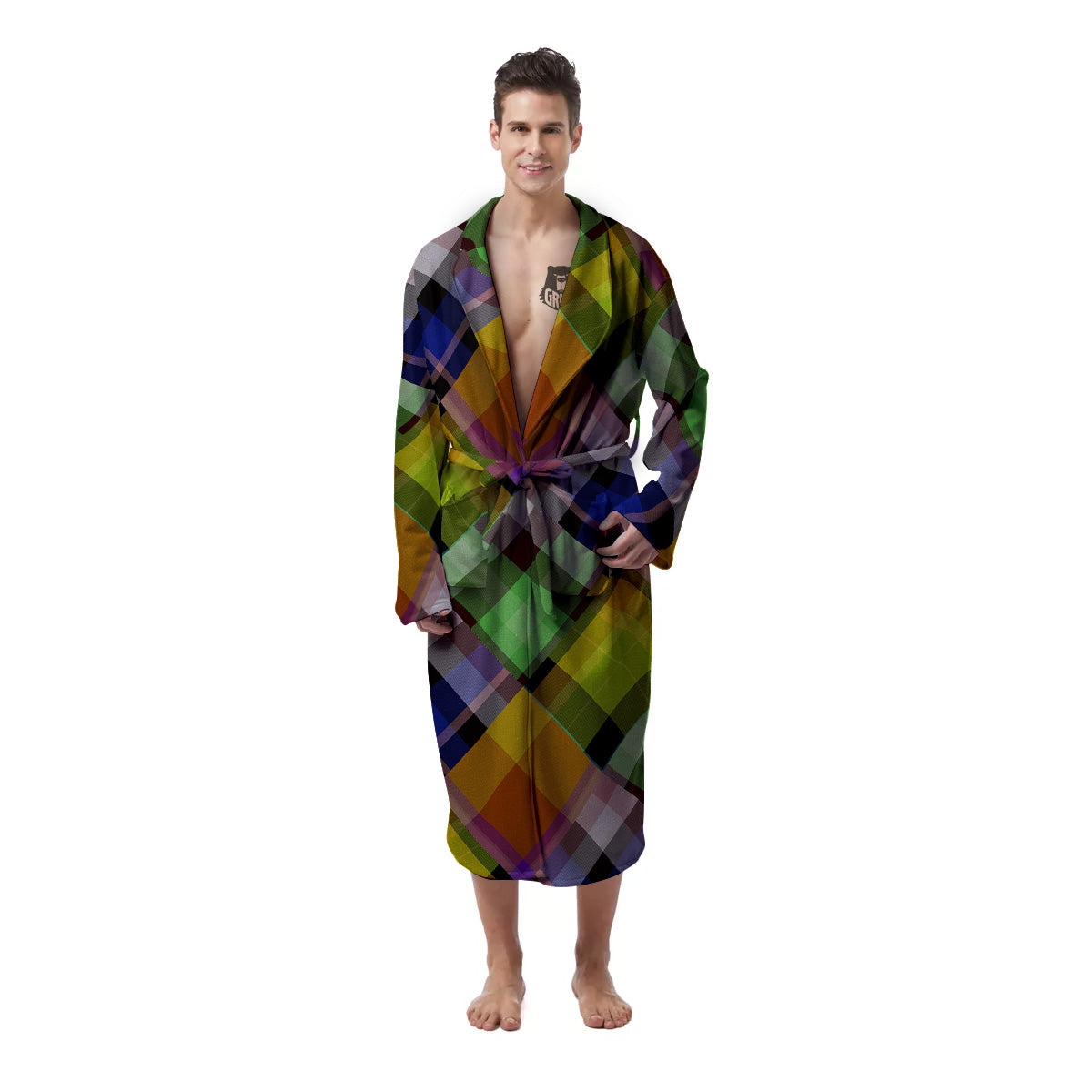 Diagonal Madras Plaid Print Pattern Men's Robe-grizzshop