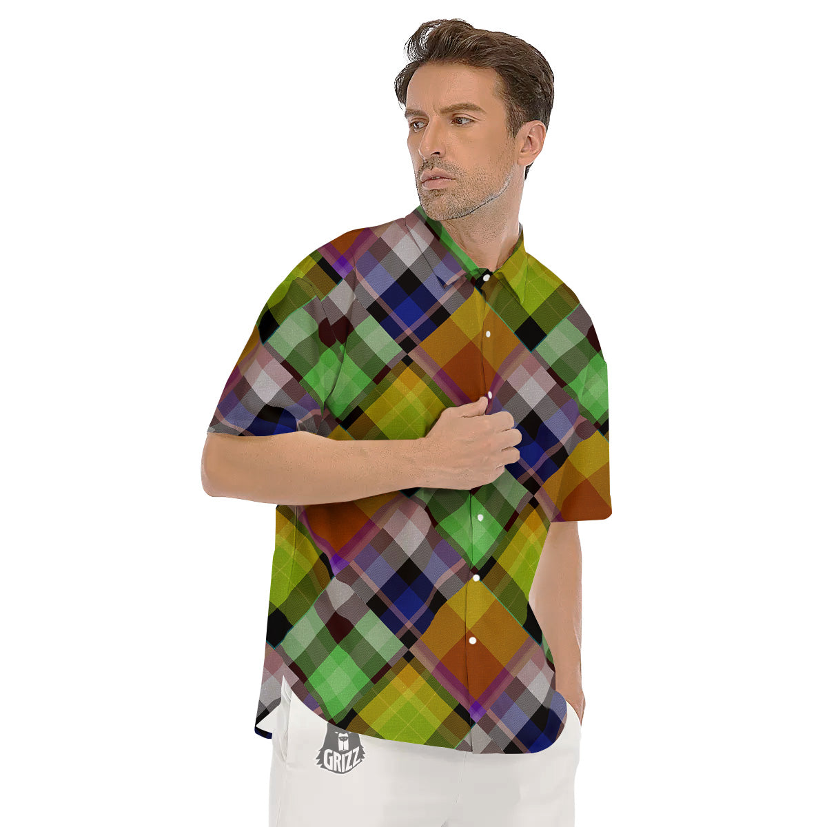 Diagonal Madras Plaid Print Pattern Men's Short Sleeve Shirts-grizzshop