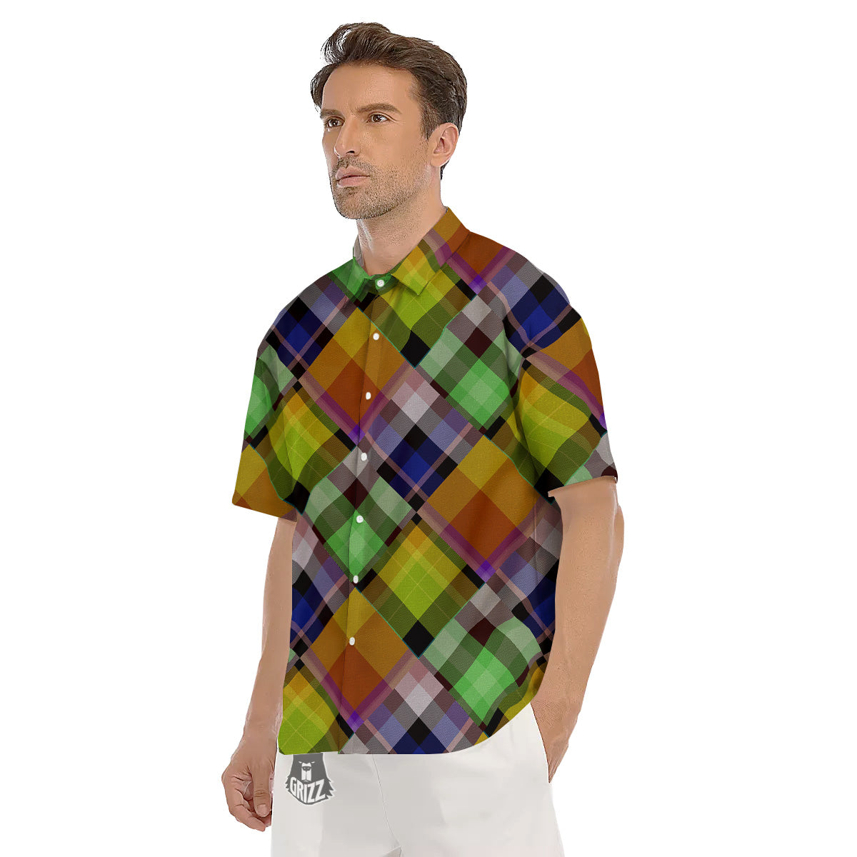 Diagonal Madras Plaid Print Pattern Men's Short Sleeve Shirts-grizzshop