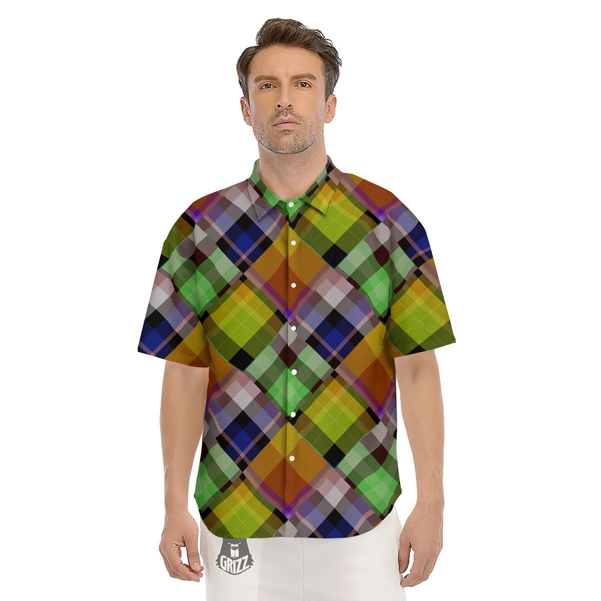 Diagonal Madras Plaid Print Pattern Men's Short Sleeve Shirts-grizzshop