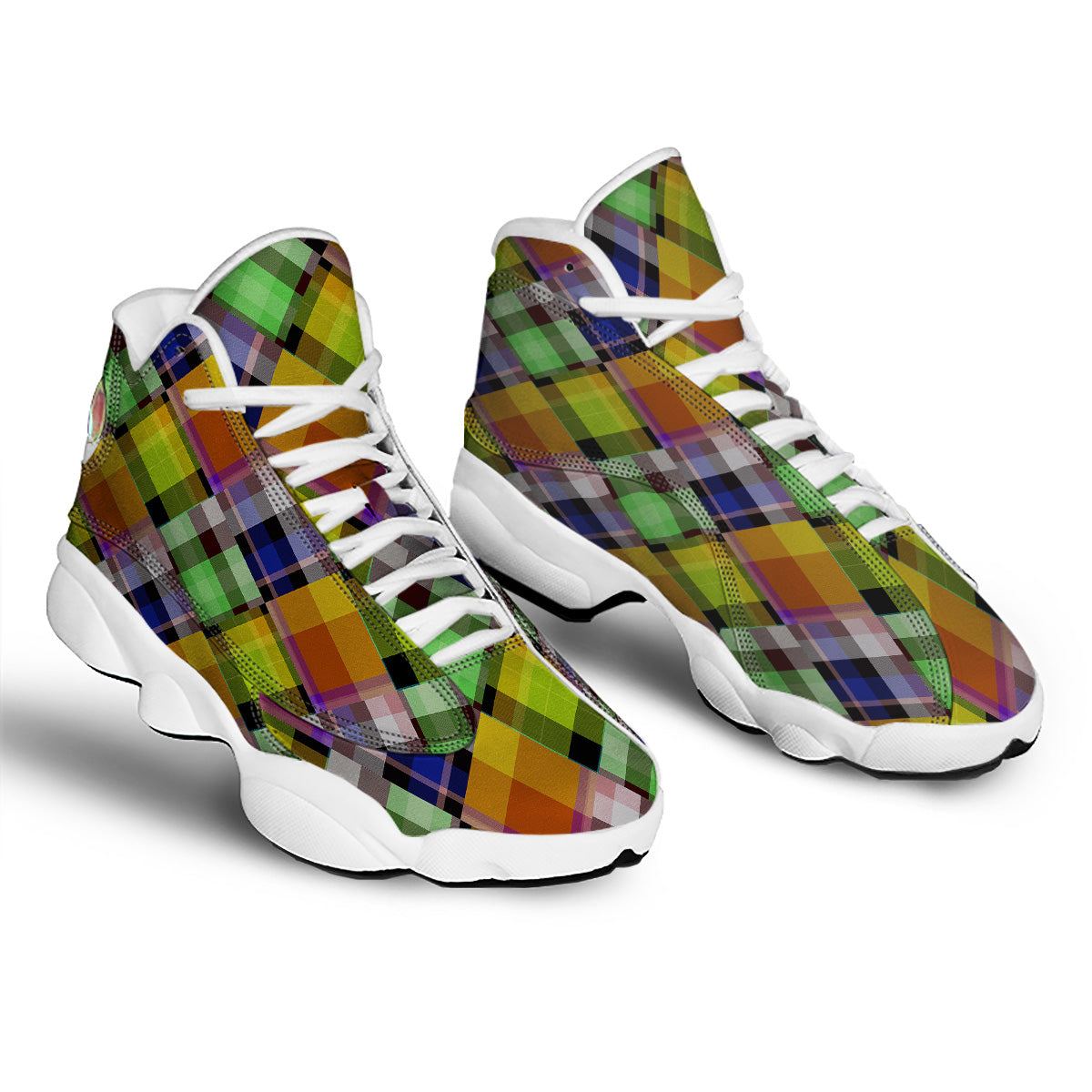 Diagonal Madras Plaid Print Pattern White Basketball Shoes-grizzshop