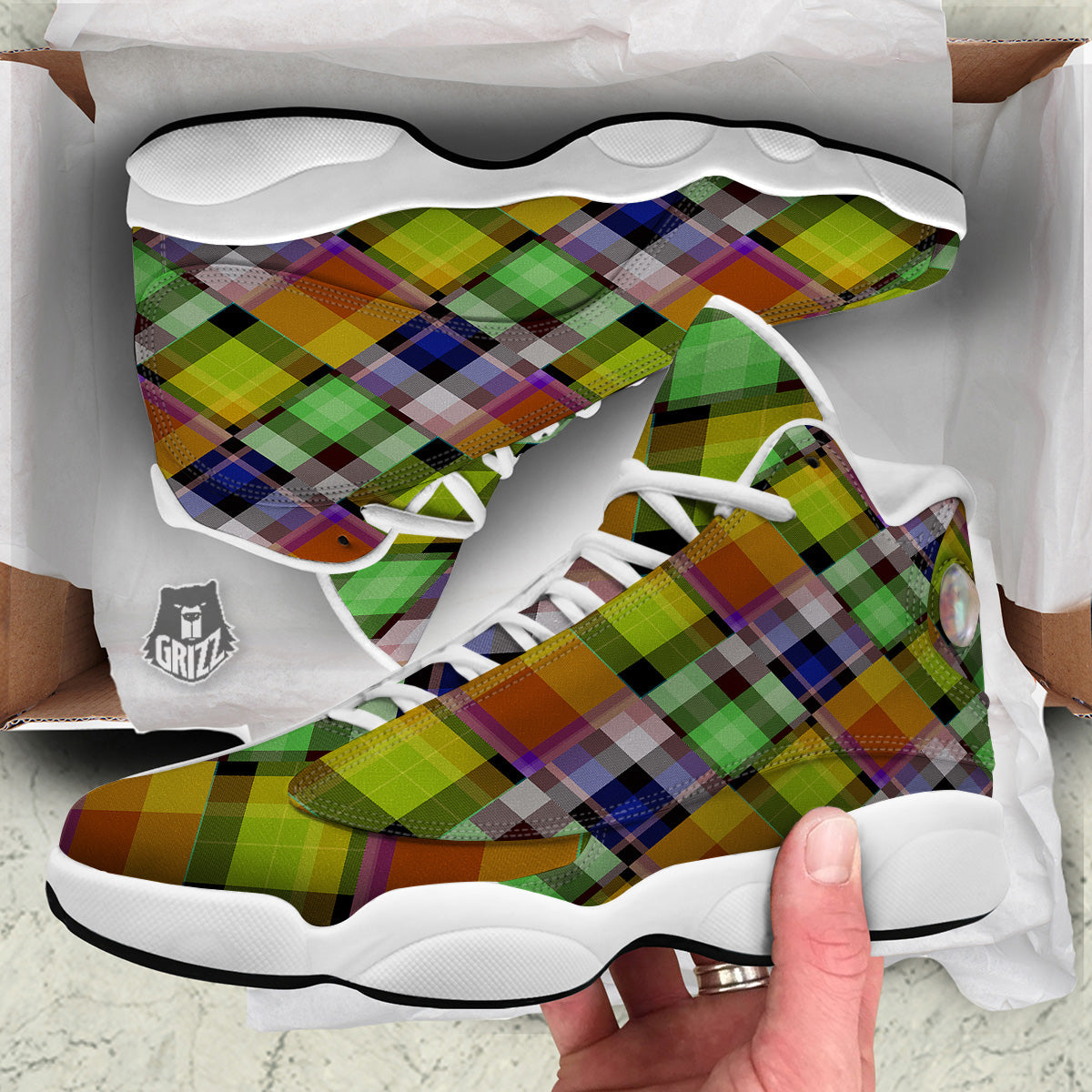 Diagonal Madras Plaid Print Pattern White Basketball Shoes-grizzshop