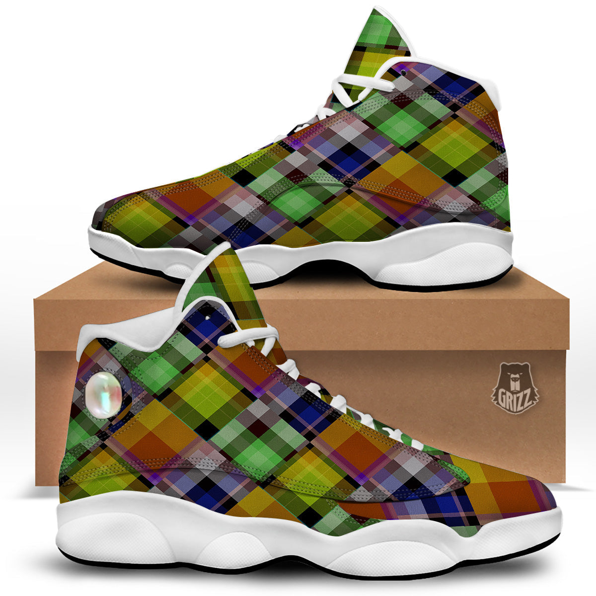 Diagonal Madras Plaid Print Pattern White Basketball Shoes-grizzshop