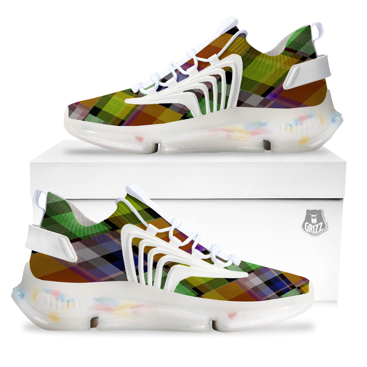Diagonal Madras Plaid Print Pattern White Gym Shoes-grizzshop