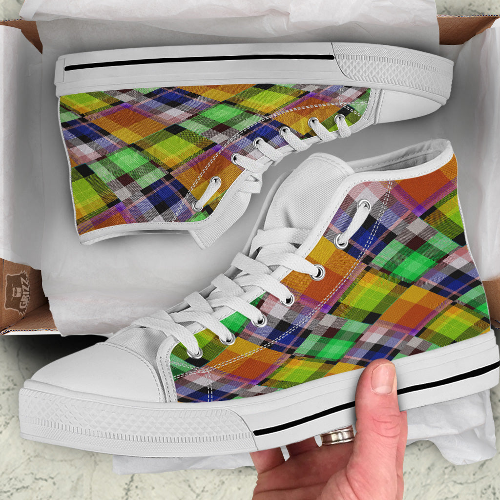 Diagonal Madras Plaid Print Pattern White High Top Shoes-grizzshop