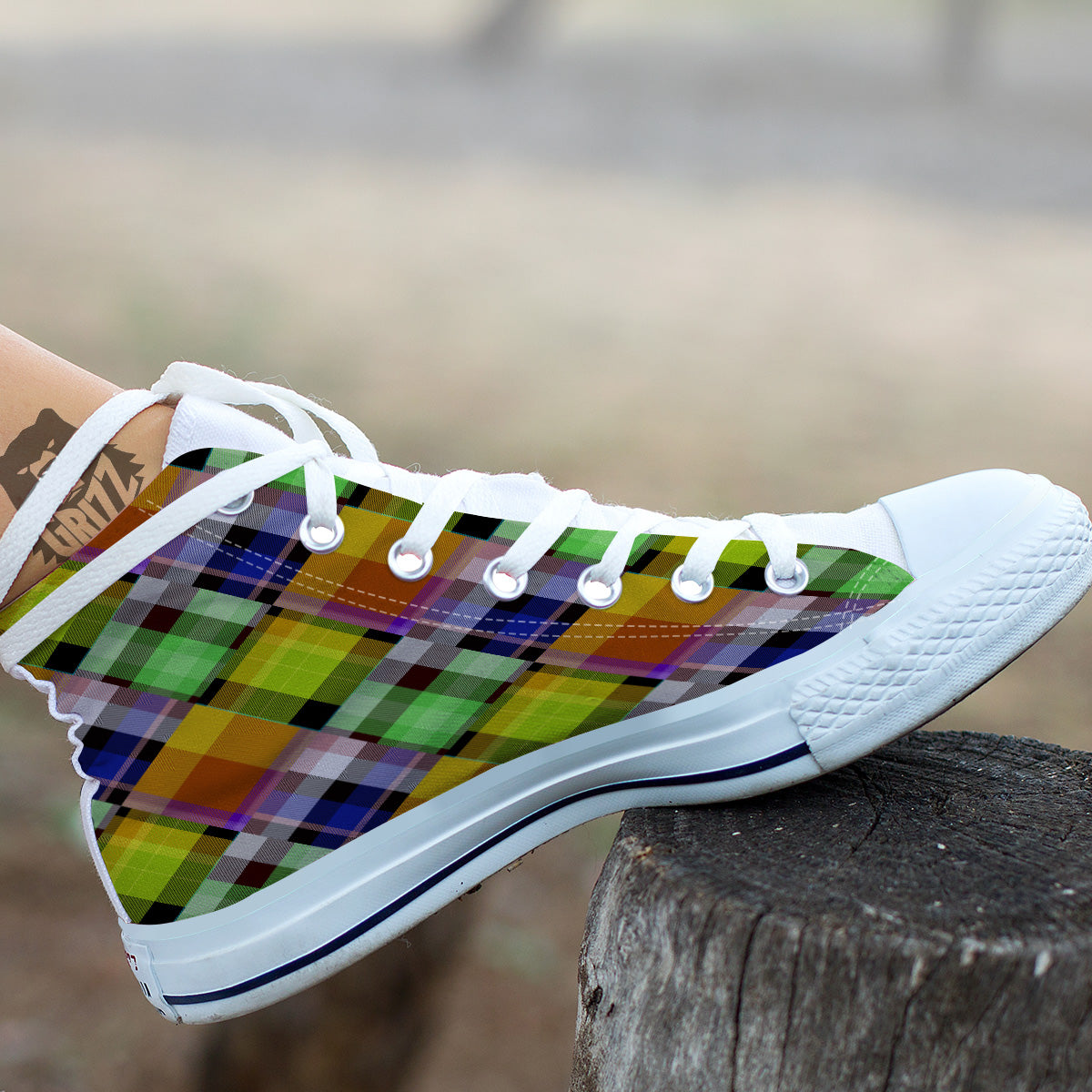 Diagonal Madras Plaid Print Pattern White High Top Shoes-grizzshop