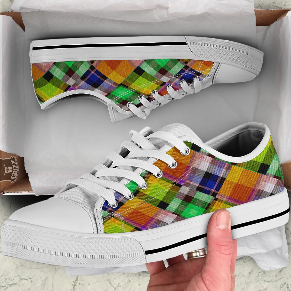 Diagonal Madras Plaid Print Pattern White Low Top Shoes-grizzshop