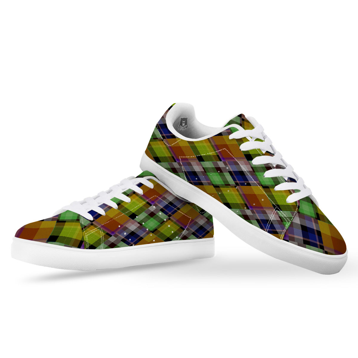 Diagonal Madras Plaid Print Pattern White Low Top Sneakers-grizzshop