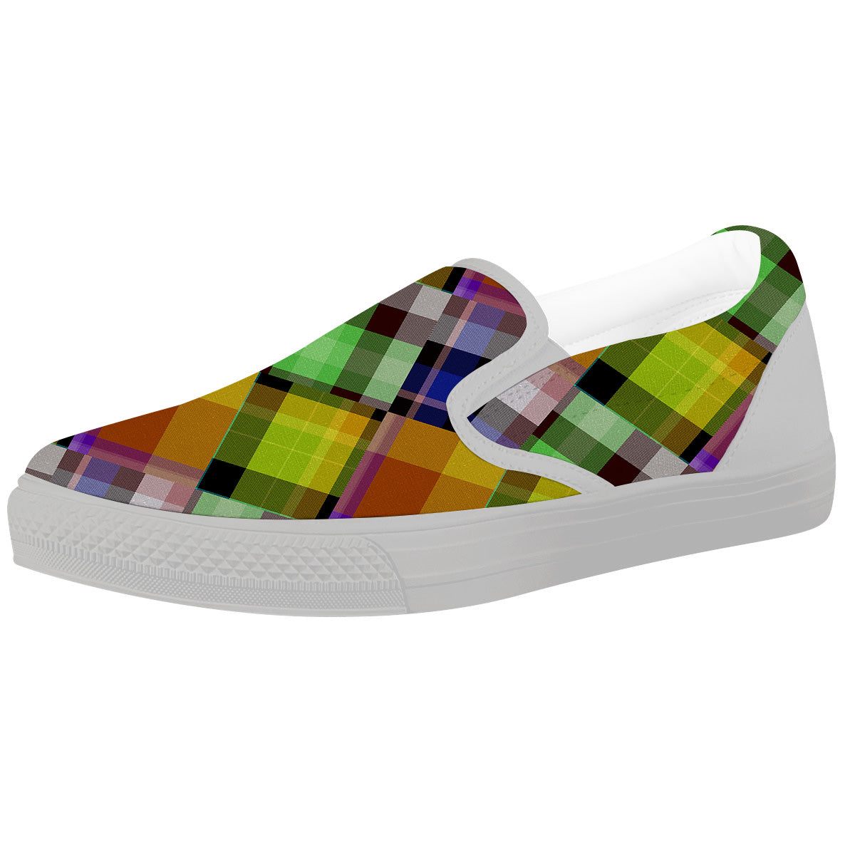 Diagonal Madras Plaid Print Pattern White Slip On Shoes-grizzshop