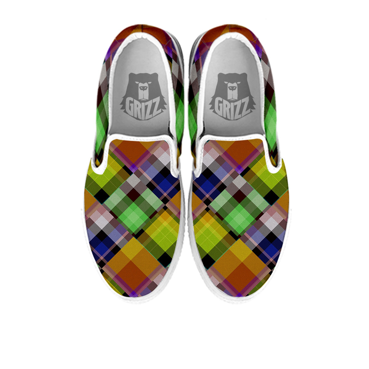 Diagonal Madras Plaid Print Pattern White Slip On Shoes-grizzshop