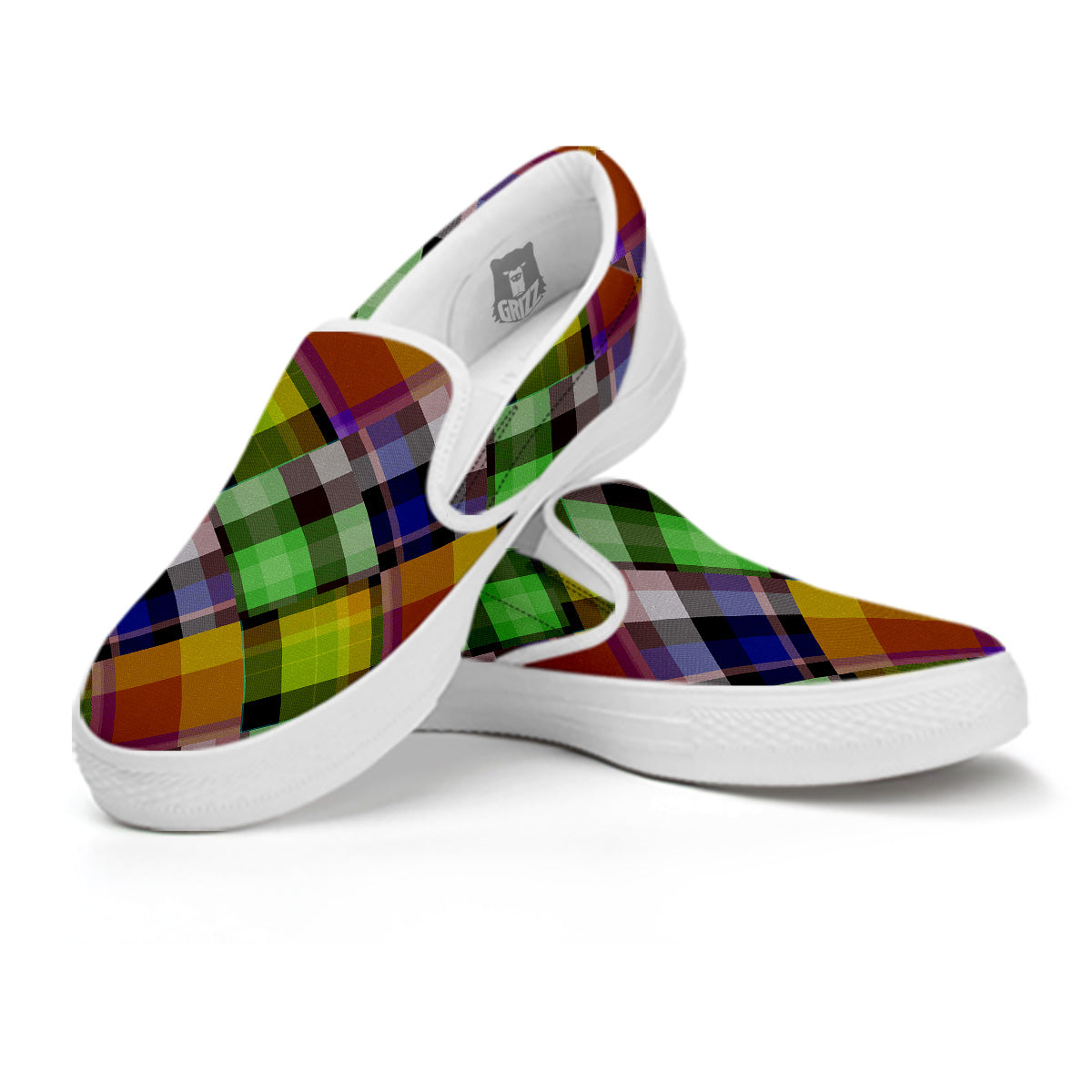 Diagonal Madras Plaid Print Pattern White Slip On Shoes-grizzshop
