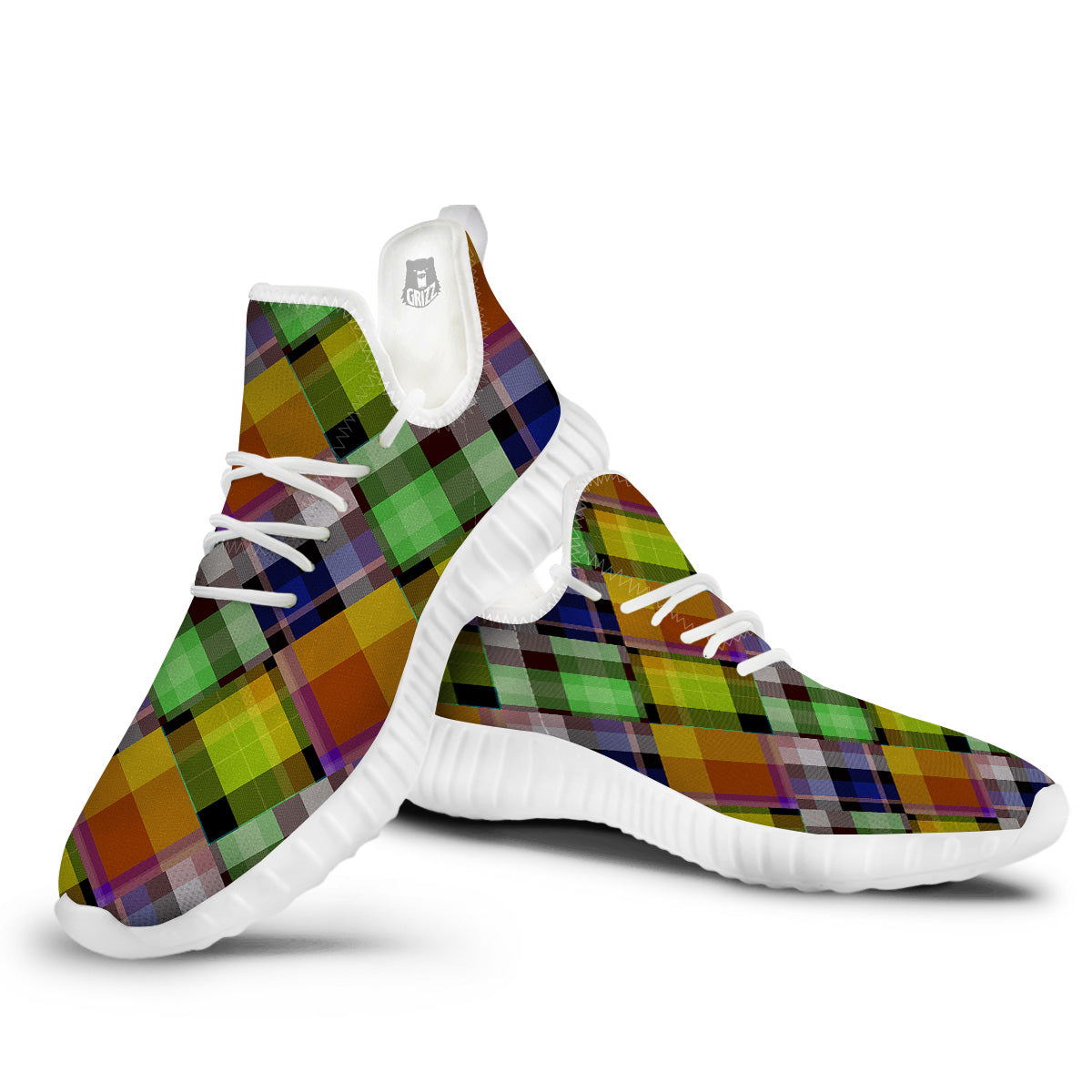 Diagonal Madras Plaid Print Pattern White Walking Shoes-grizzshop