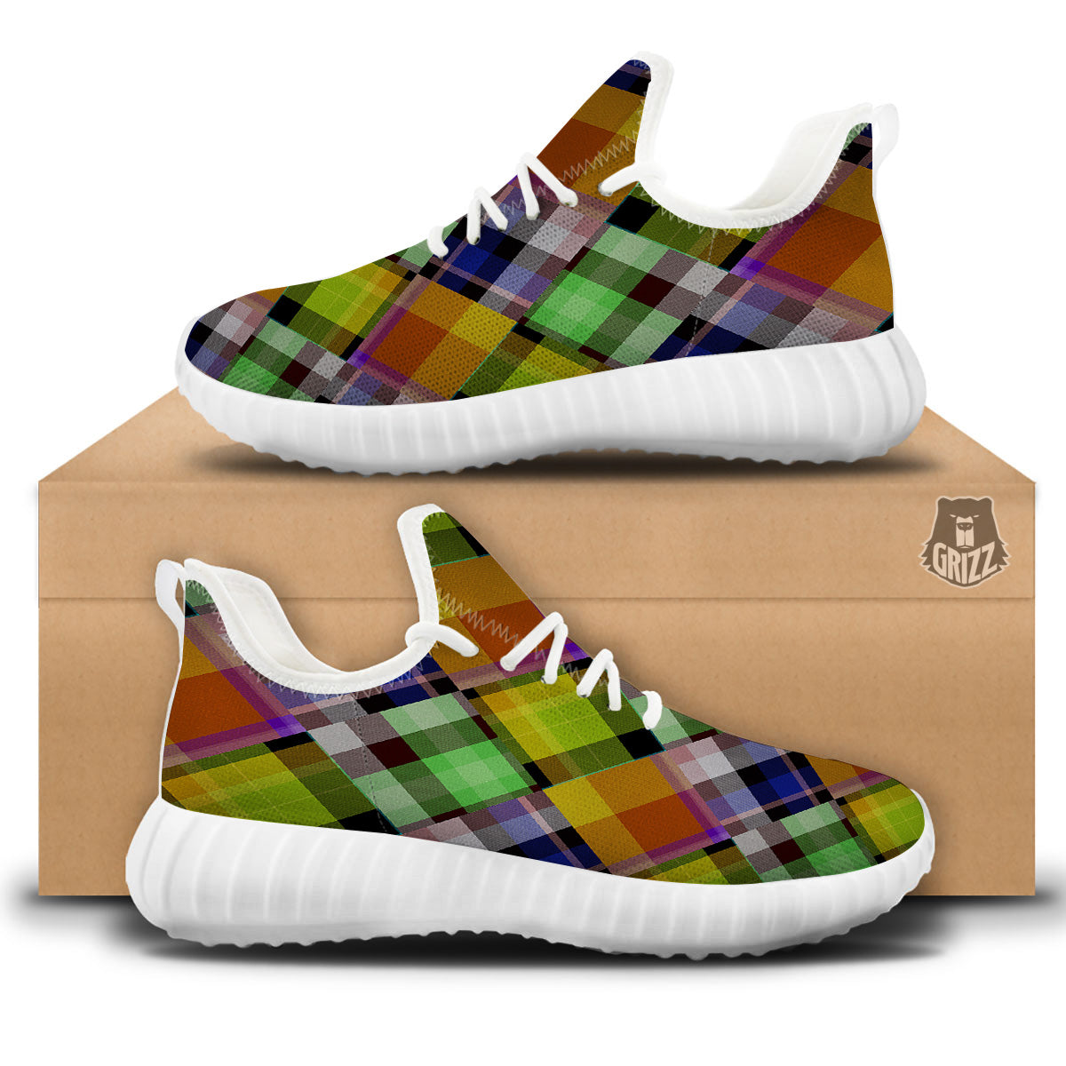 Diagonal Madras Plaid Print Pattern White Walking Shoes-grizzshop