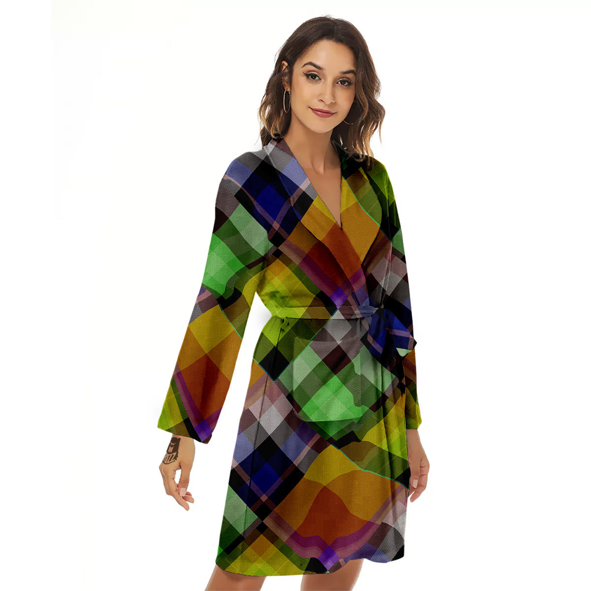 Diagonal Madras Plaid Print Pattern Women's Robe-grizzshop