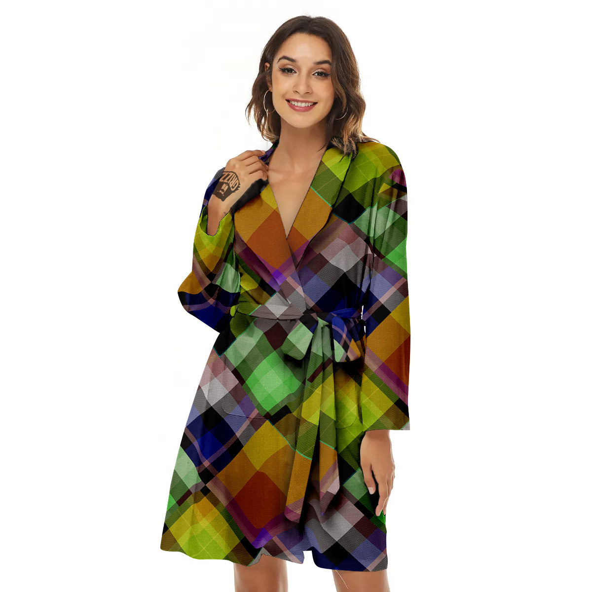 Diagonal Madras Plaid Print Pattern Women's Robe-grizzshop