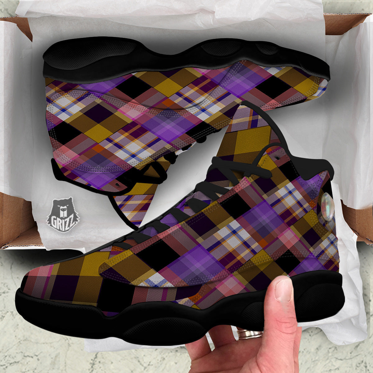 Diagonal Madras Tartan Plaid Print Pattern Black Basketball Shoes-grizzshop