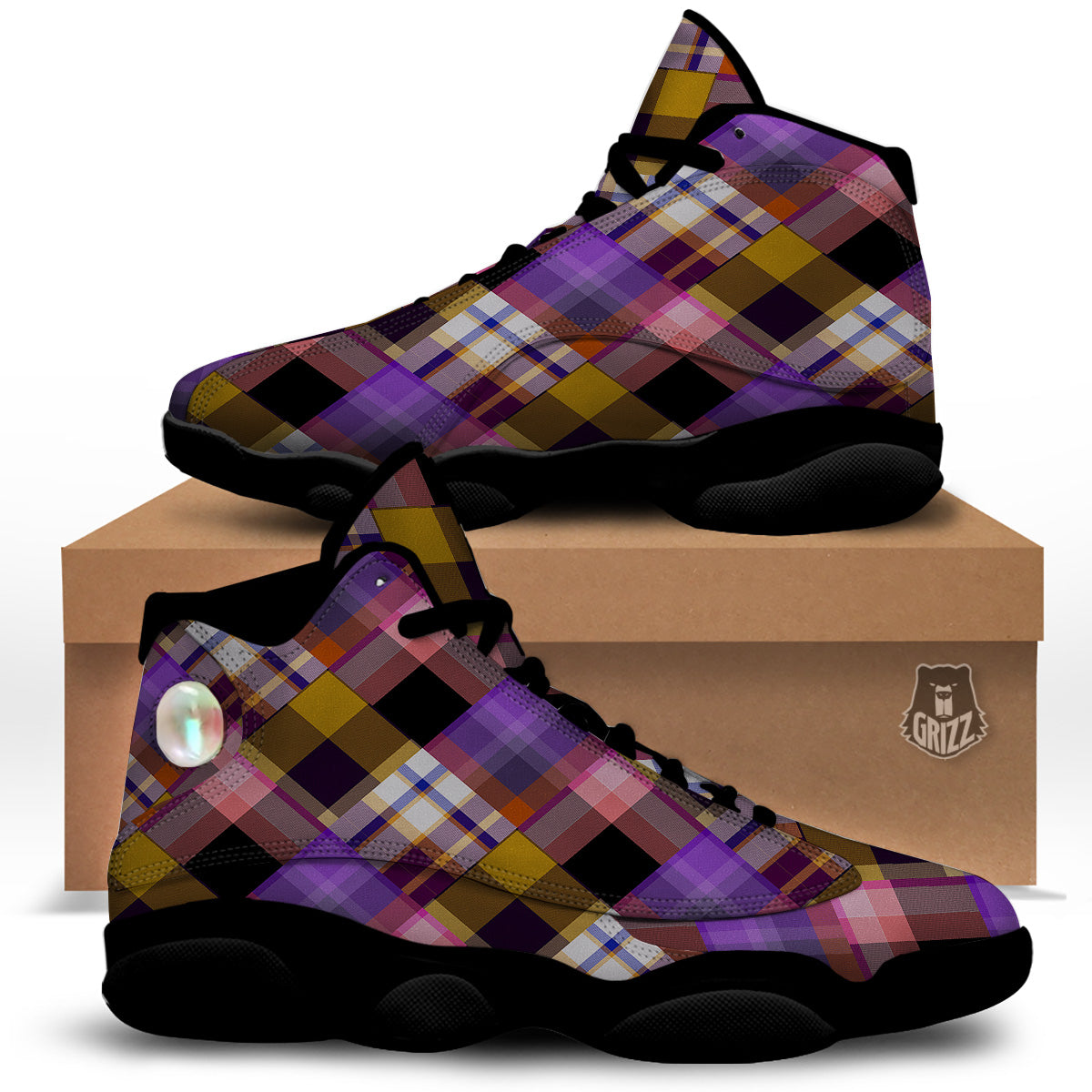 Diagonal Madras Tartan Plaid Print Pattern Black Basketball Shoes-grizzshop