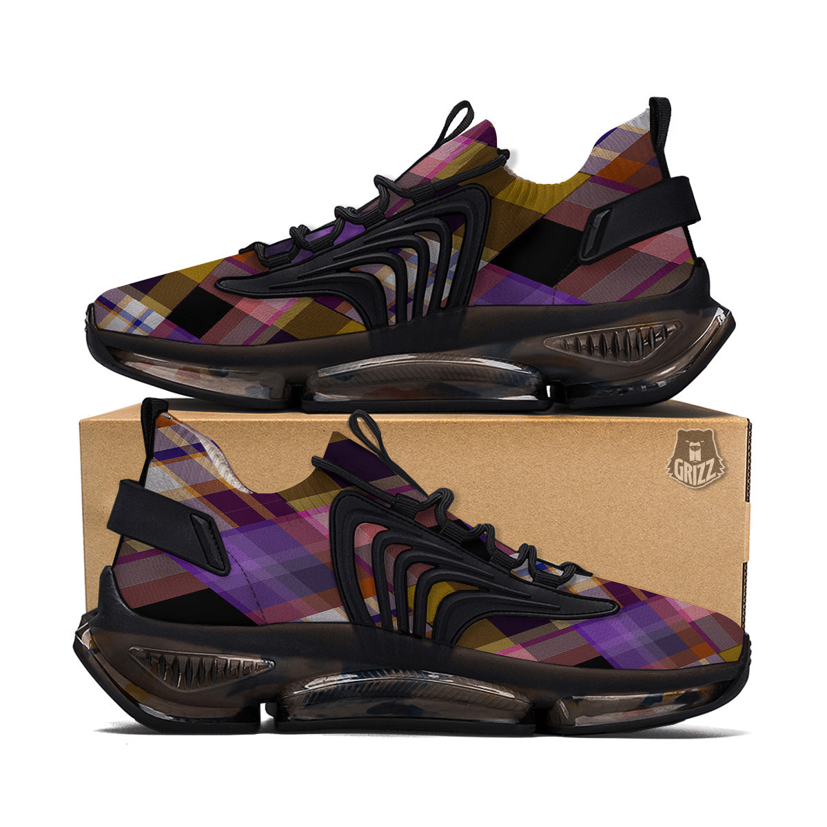 Diagonal Madras Tartan Plaid Print Pattern Black Gym Shoes-grizzshop