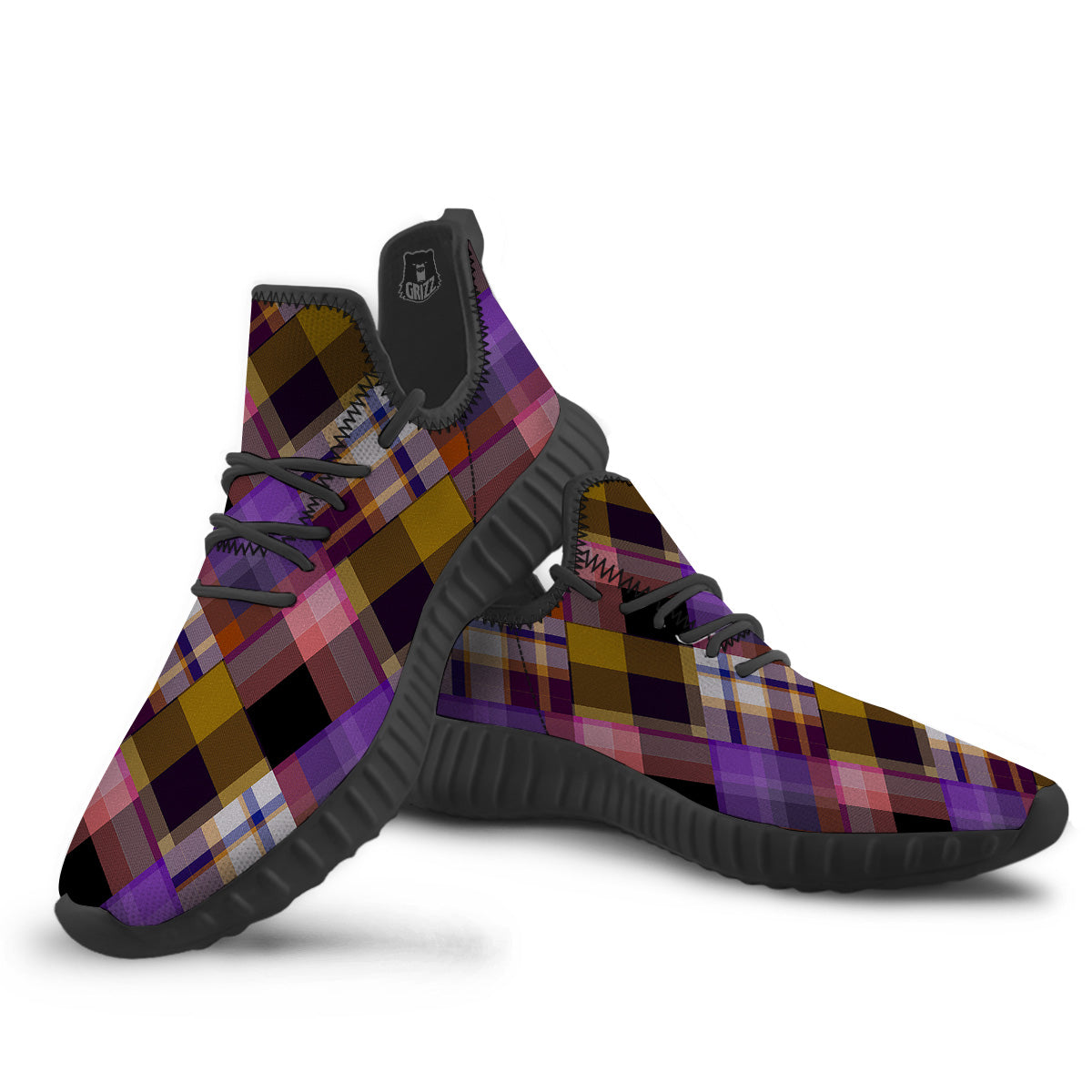 Diagonal Madras Tartan Plaid Print Pattern Black Walking Shoes-grizzshop