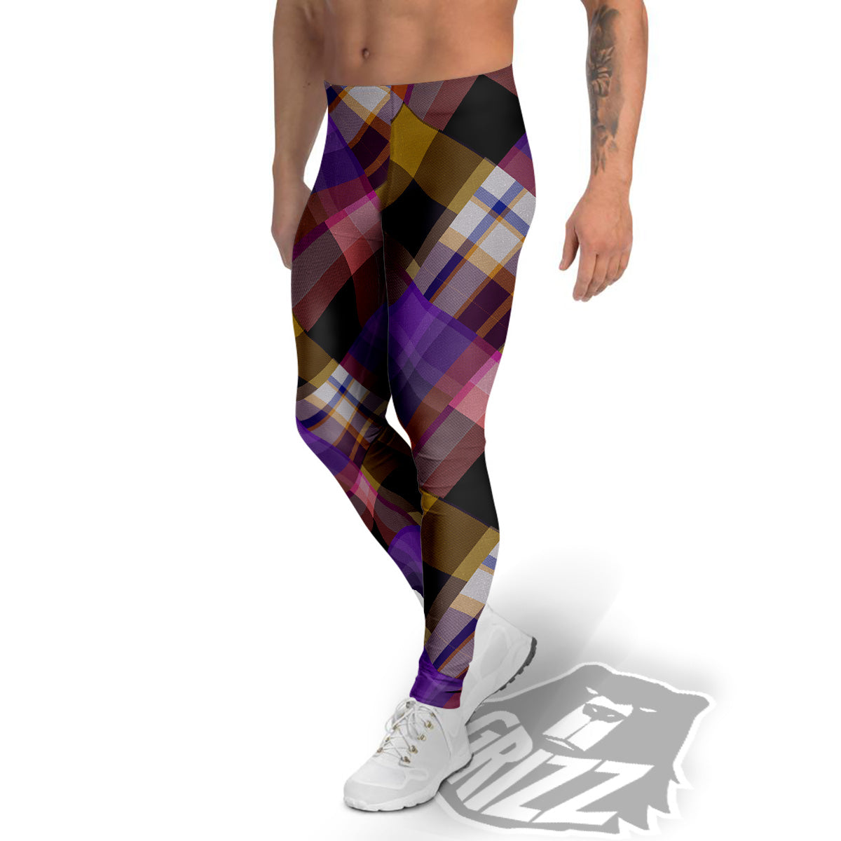 Diagonal Madras Tartan Plaid Print Pattern Men's Leggings-grizzshop