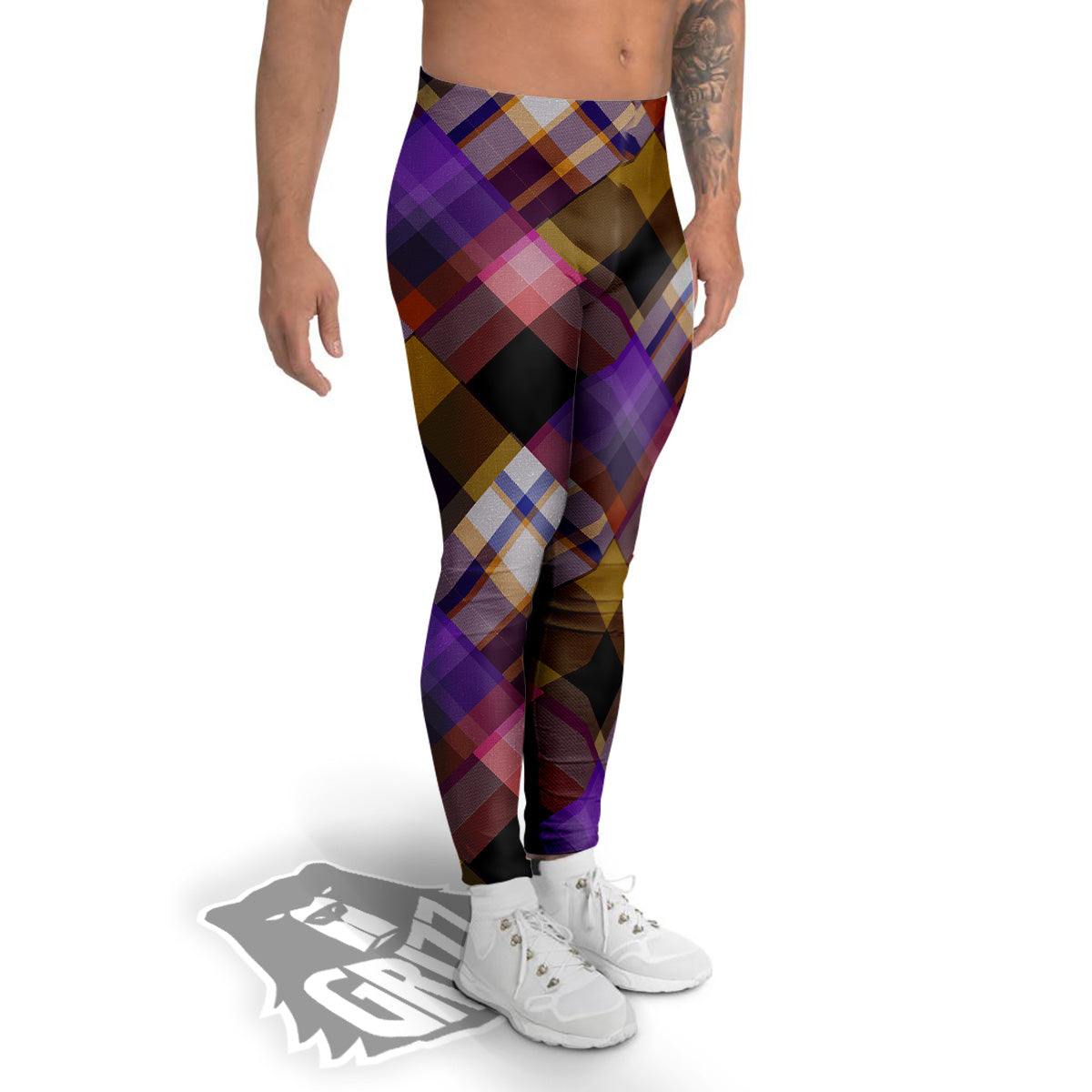 Diagonal Madras Tartan Plaid Print Pattern Men's Leggings-grizzshop