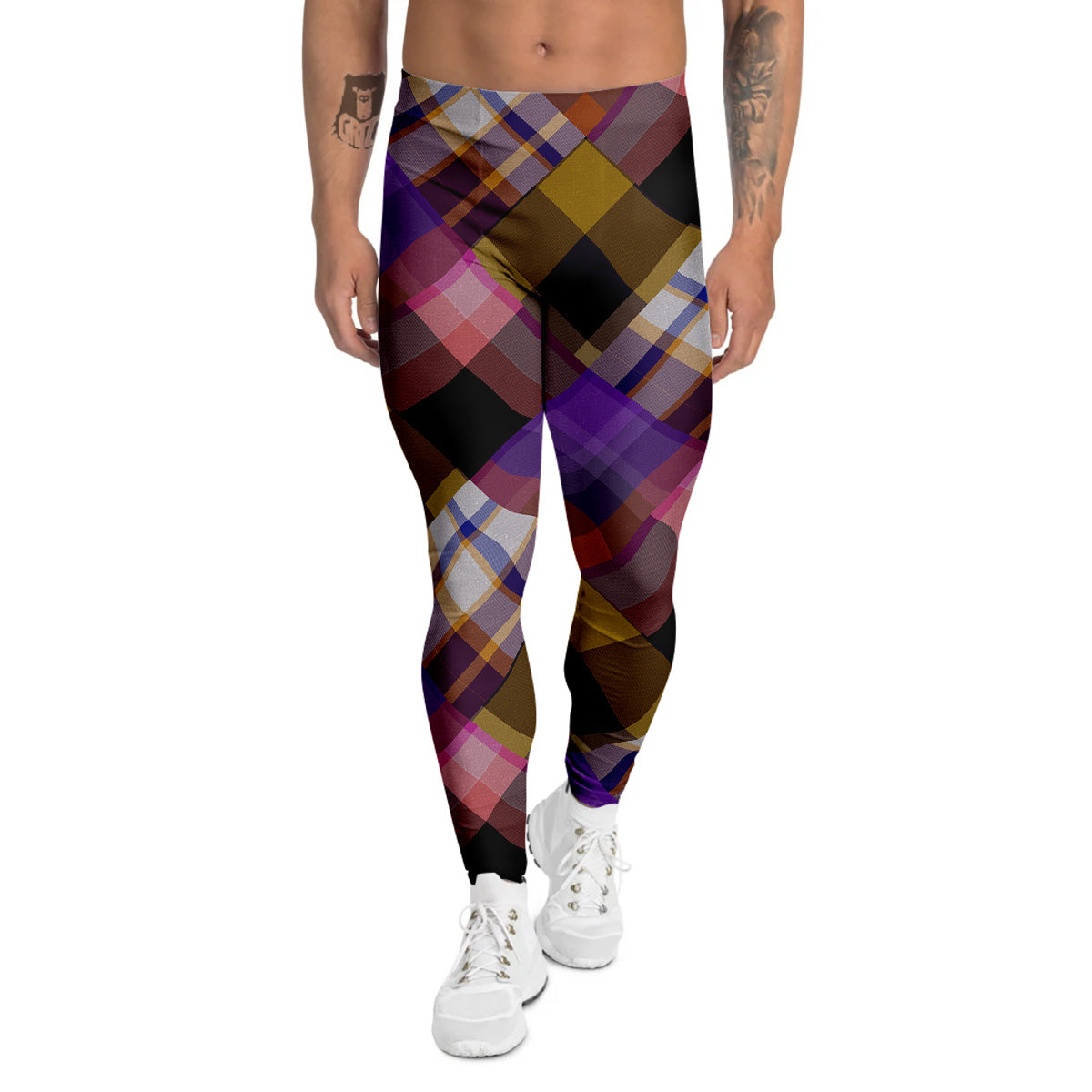 Diagonal Madras Tartan Plaid Print Pattern Men's Leggings-grizzshop