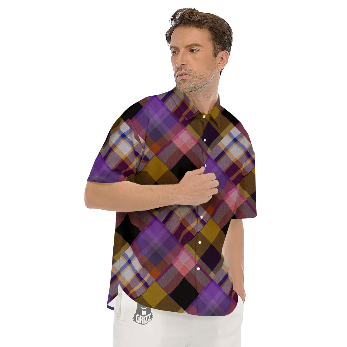 Diagonal Madras Tartan Plaid Print Pattern Men's Short Sleeve Shirts-grizzshop