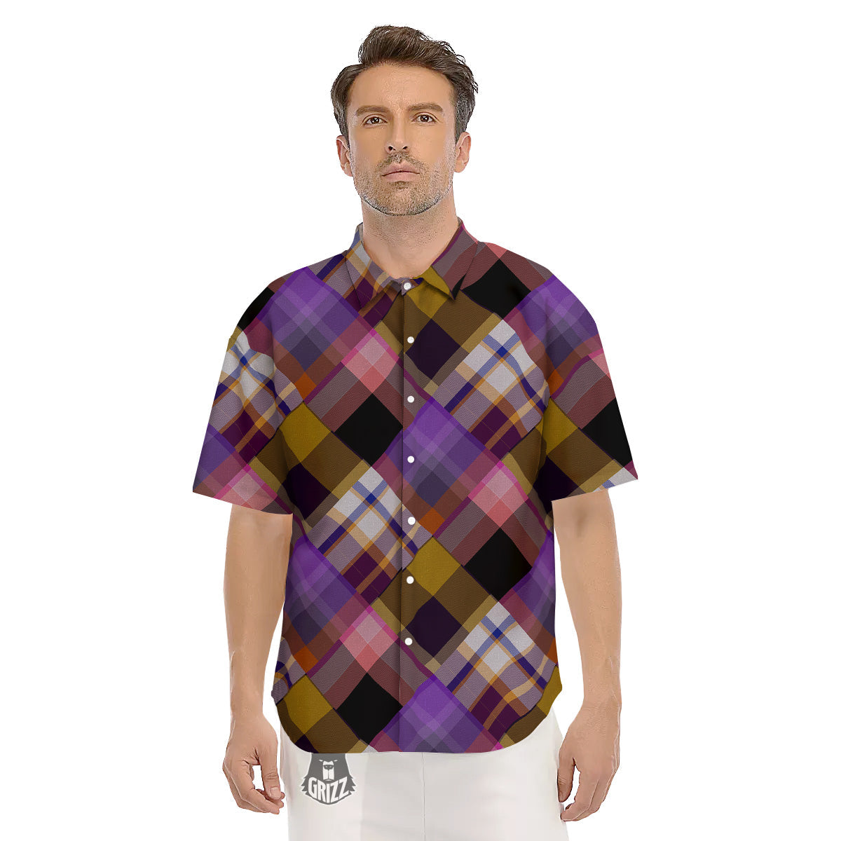 Diagonal Madras Tartan Plaid Print Pattern Men's Short Sleeve Shirts-grizzshop