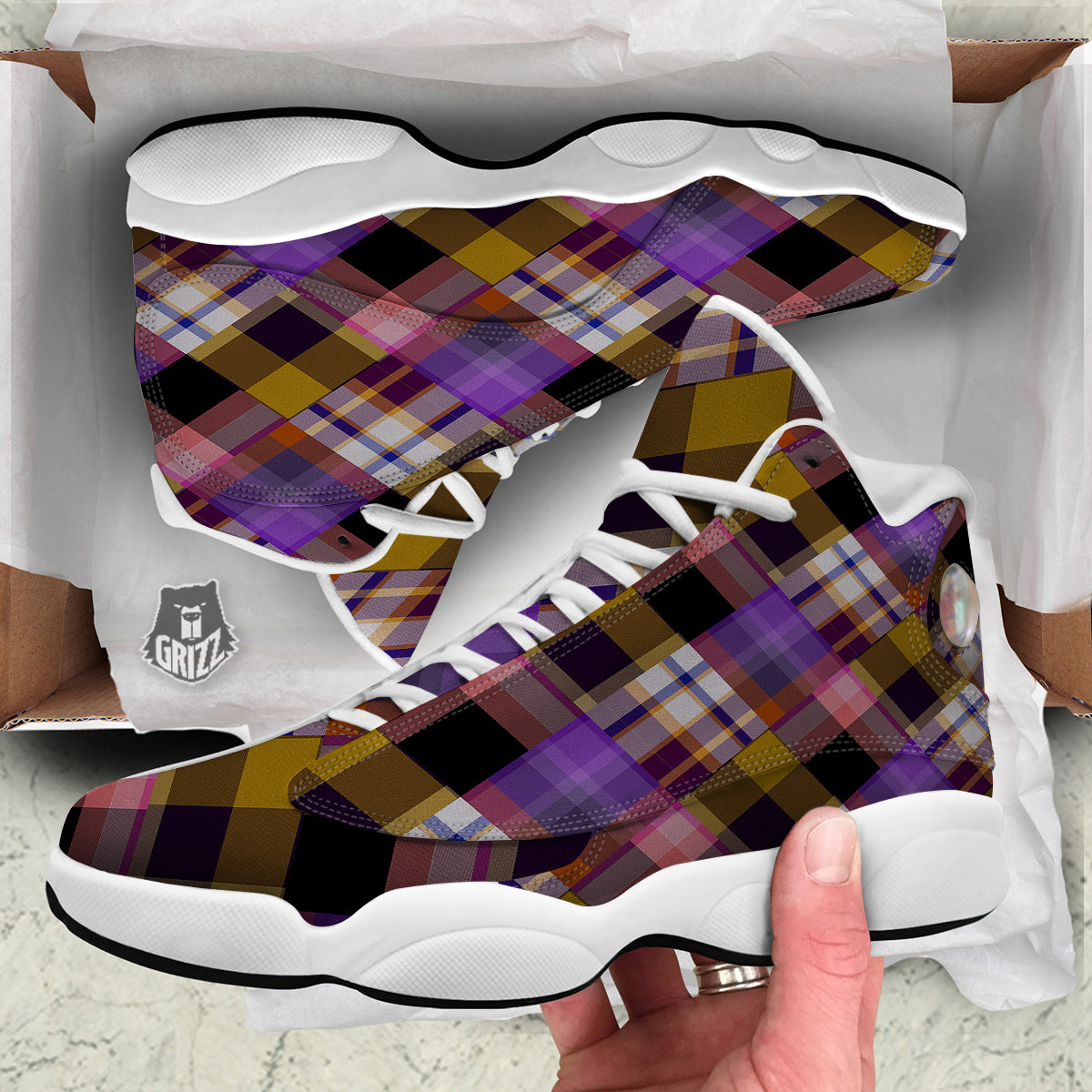 Diagonal Madras Tartan Plaid Print Pattern White Basketball Shoes-grizzshop