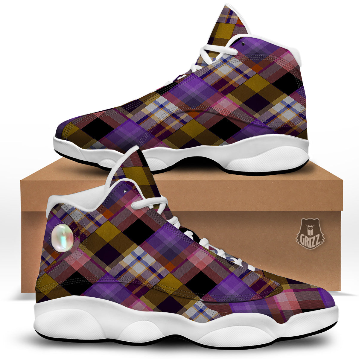 Diagonal Madras Tartan Plaid Print Pattern White Basketball Shoes-grizzshop