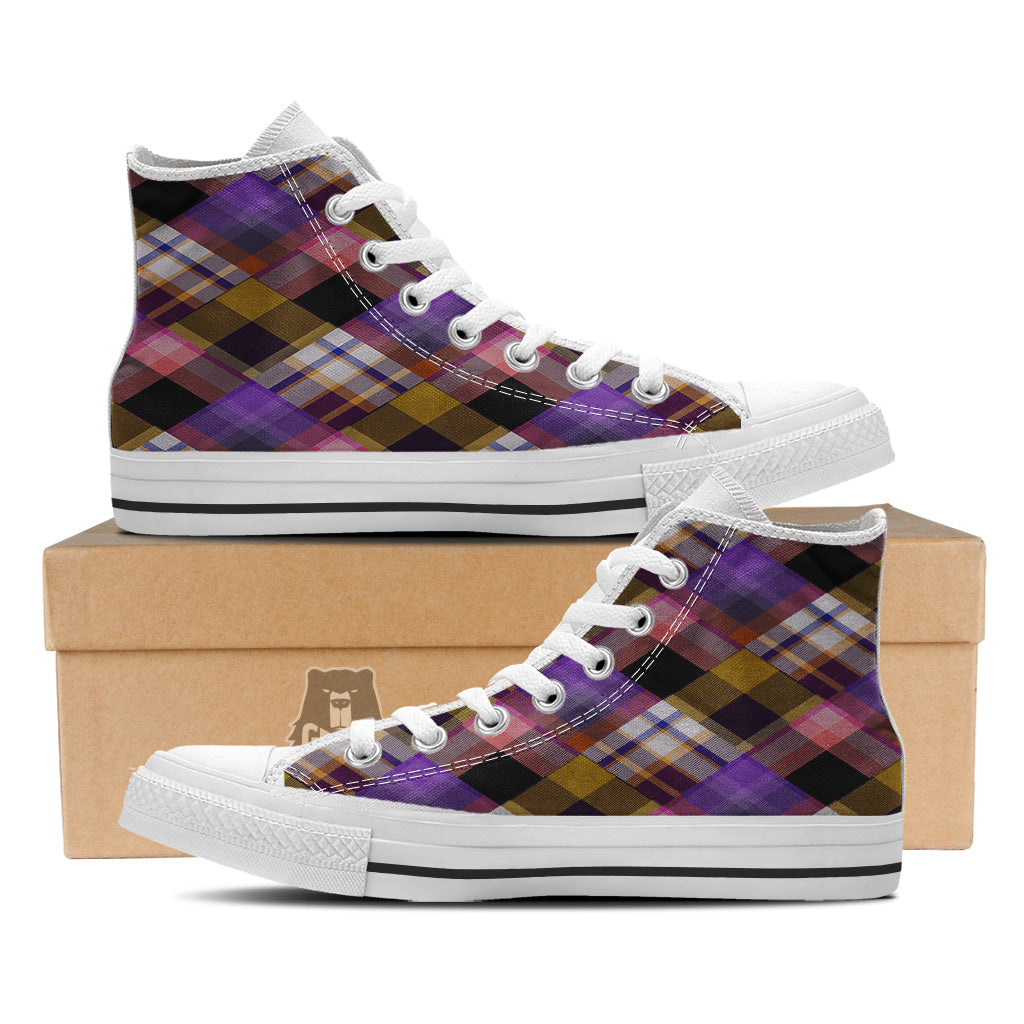 Diagonal Madras Tartan Plaid Print Pattern White High Top Shoes-grizzshop