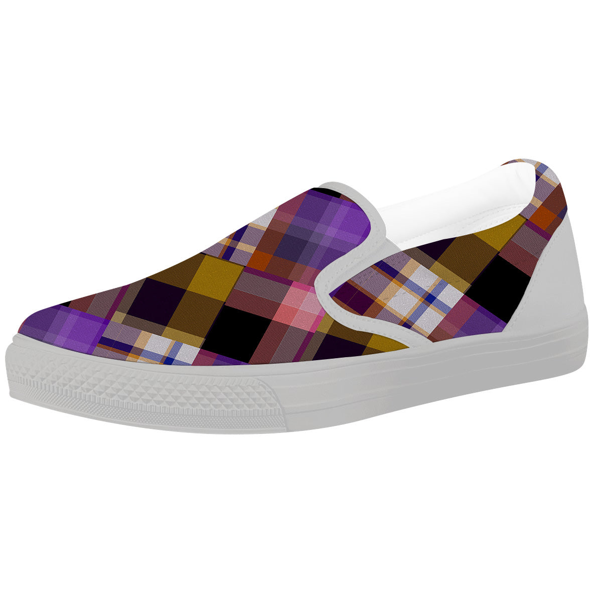 Diagonal Madras Tartan Plaid Print Pattern White Slip On Shoes-grizzshop