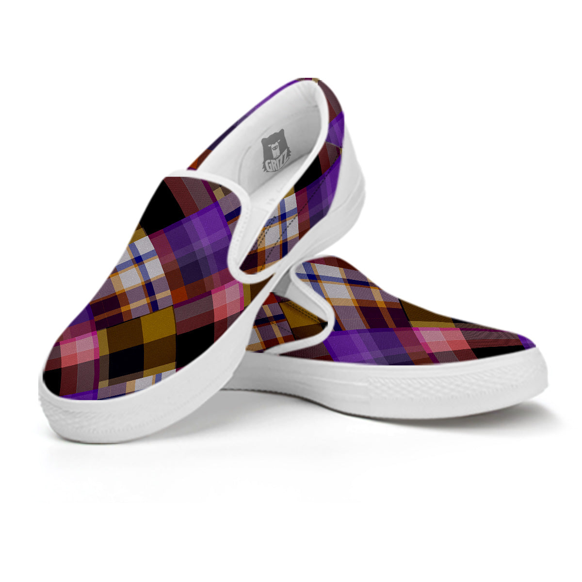 Diagonal Madras Tartan Plaid Print Pattern White Slip On Shoes-grizzshop