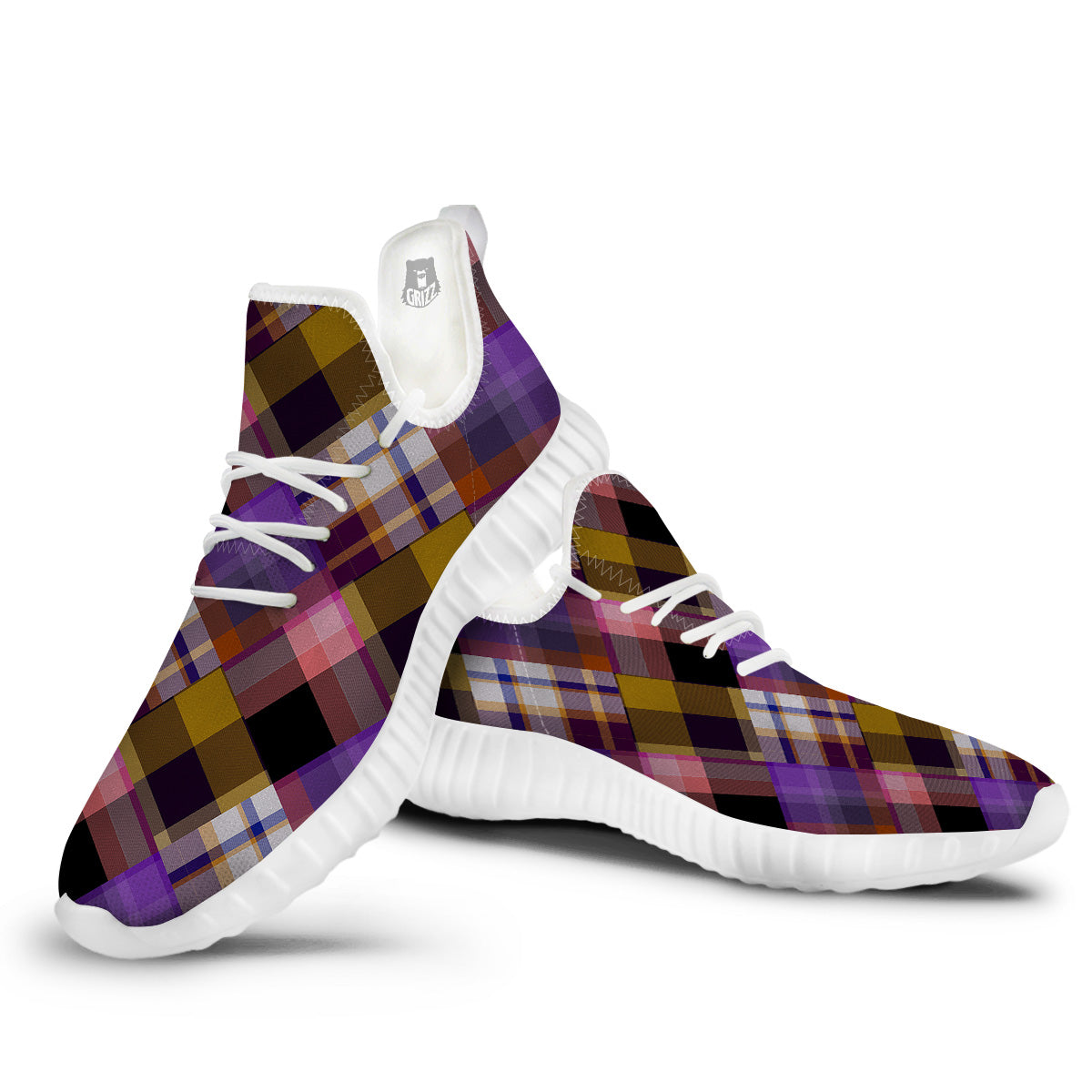 Diagonal Madras Tartan Plaid Print Pattern White Walking Shoes-grizzshop