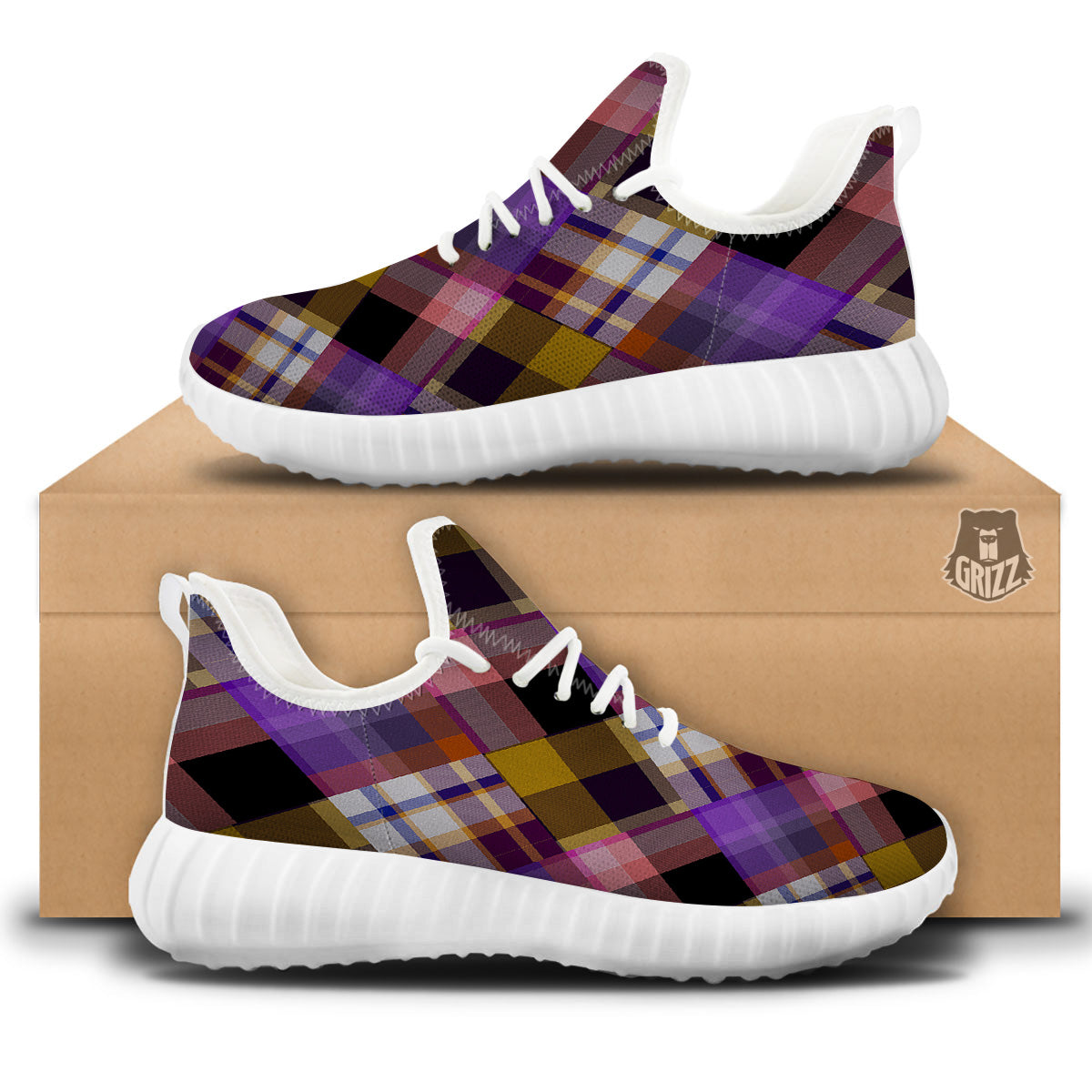 Diagonal Madras Tartan Plaid Print Pattern White Walking Shoes-grizzshop