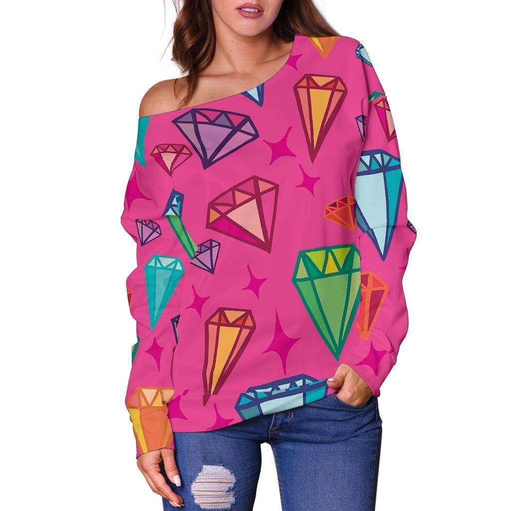 Diamond Colorful Pattern Print Women Off Shoulder Sweatshirt-grizzshop