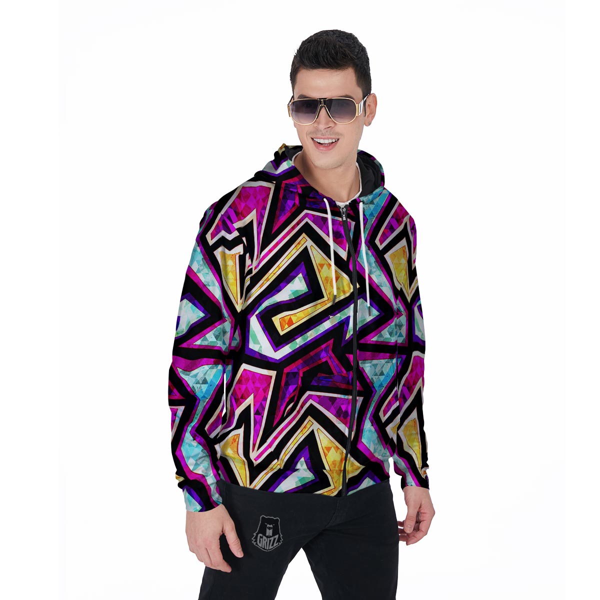 Diamond Geometric Men's Zip Up Hoodie-grizzshop