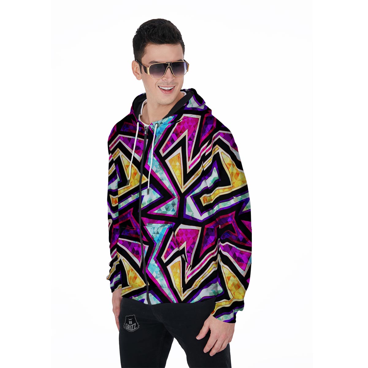 Diamond Geometric Men's Zip Up Hoodie-grizzshop
