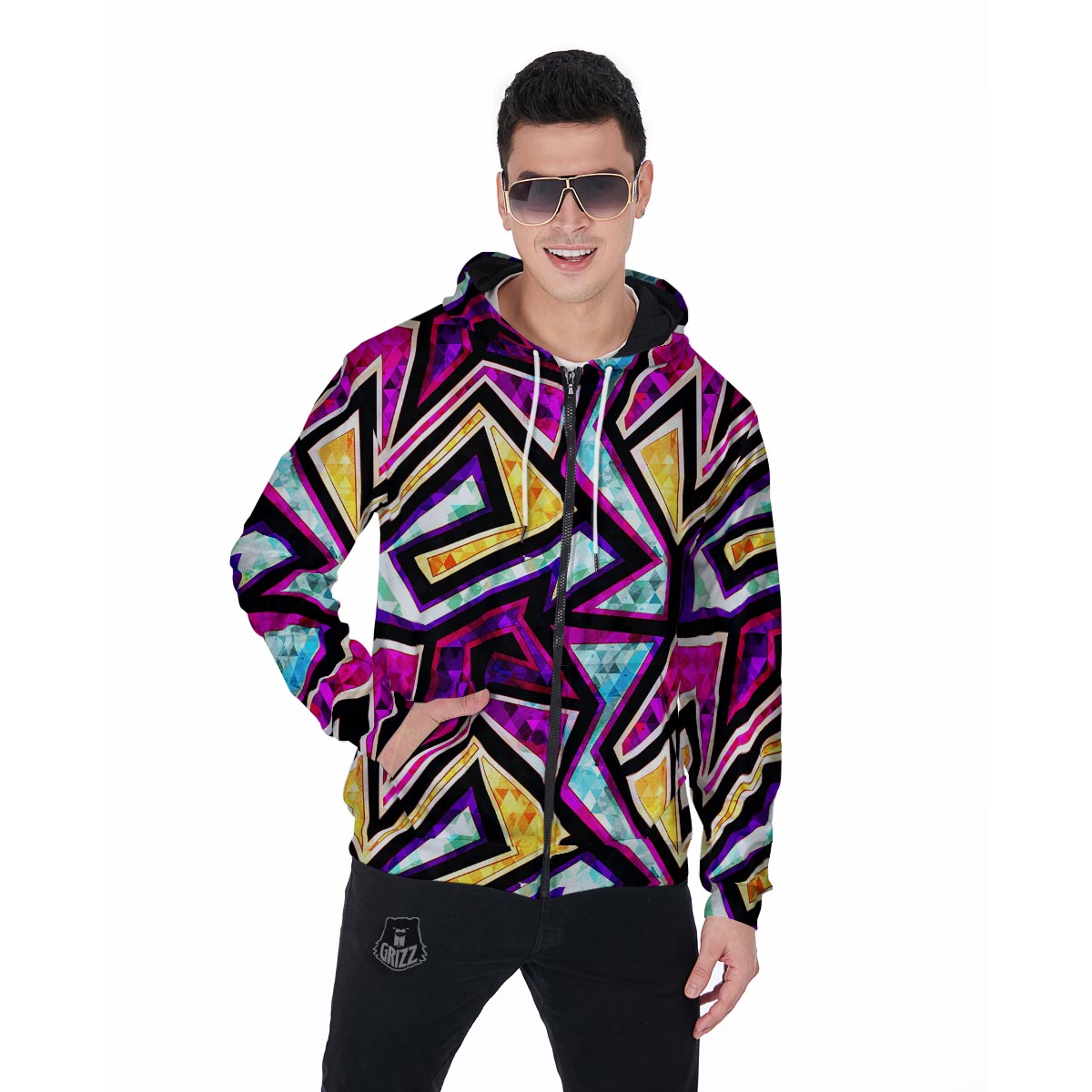 Diamond Geometric Men's Zip Up Hoodie-grizzshop