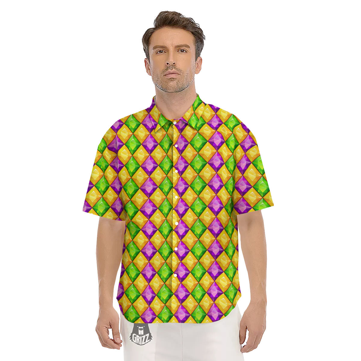 Diamond Mardi Gras Print Pattern Men's Short Sleeve Shirts-grizzshop