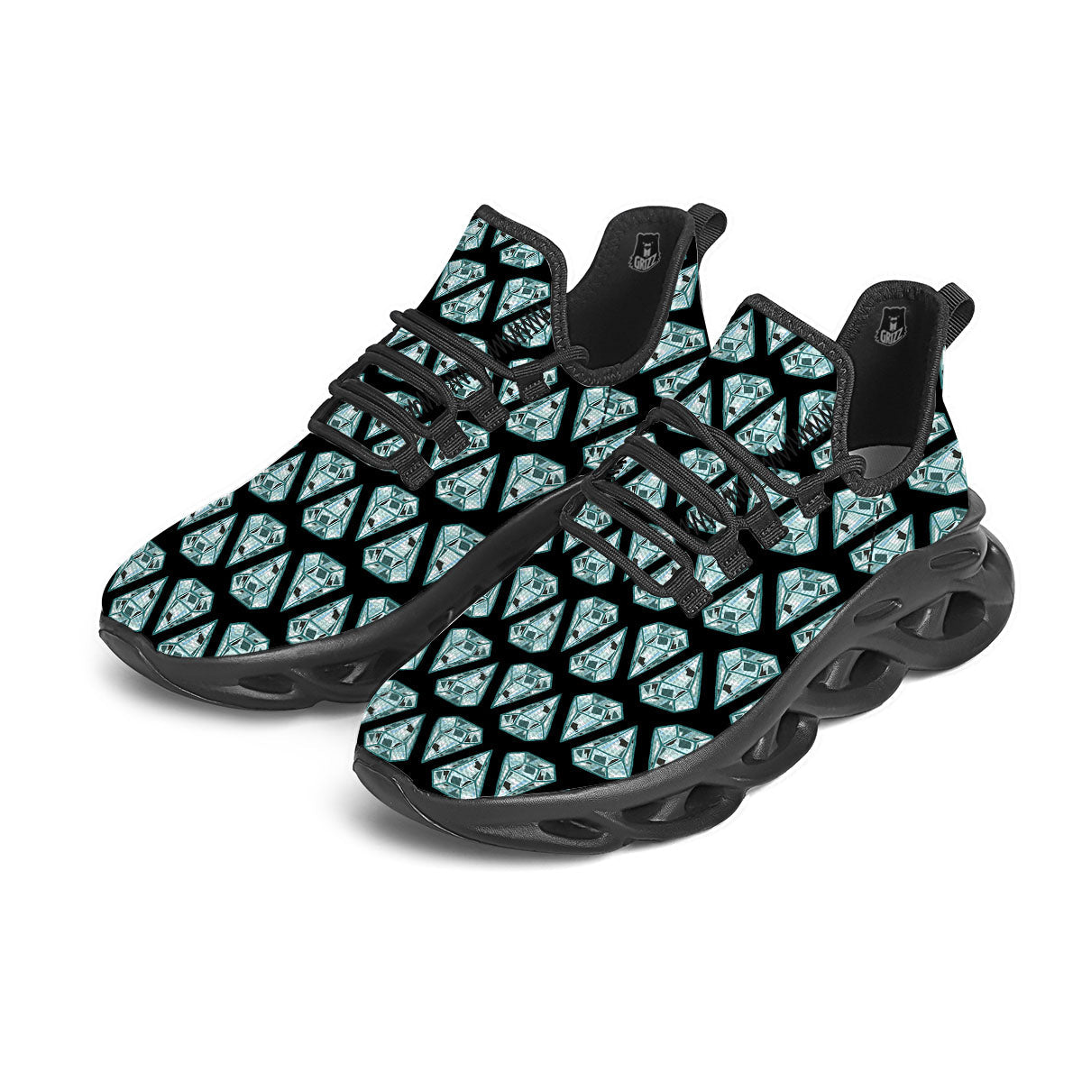 Diamond Print Pattern Black Running Shoes-grizzshop