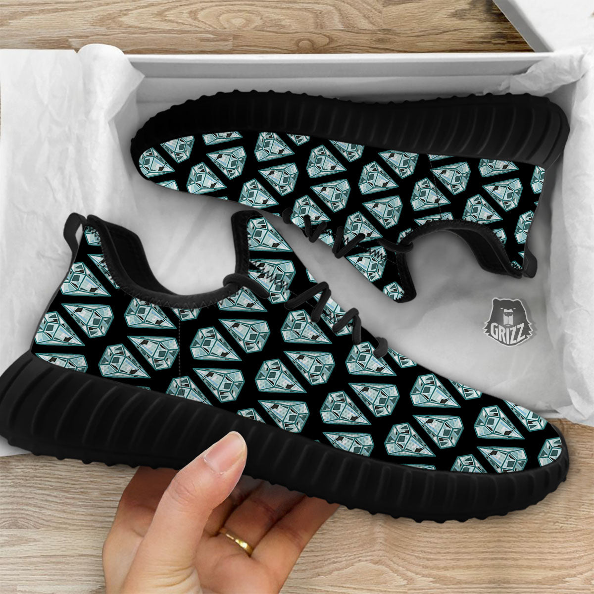Diamond Print Pattern Black Walking Shoes-grizzshop