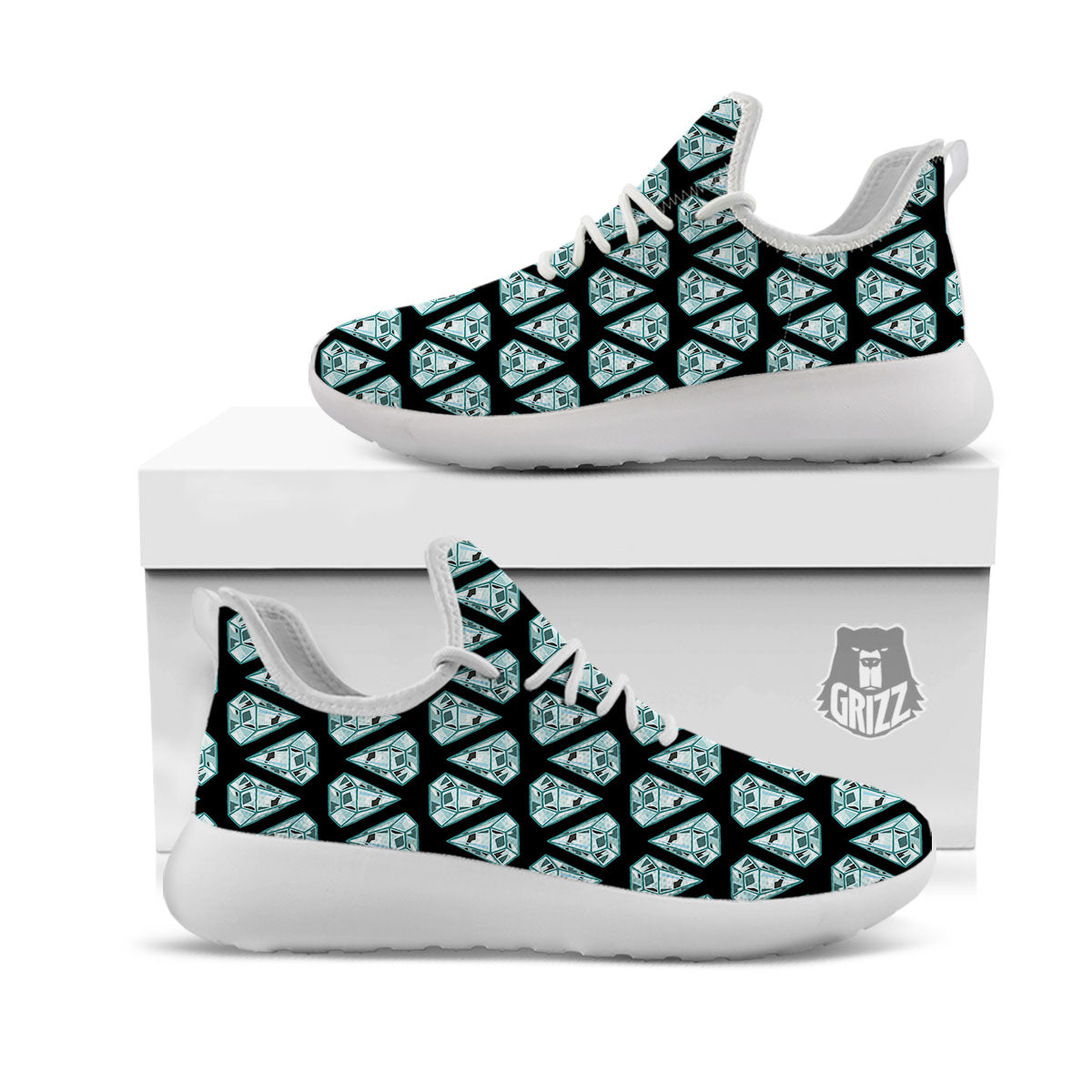 Diamond Print Pattern White Athletic Shoes-grizzshop