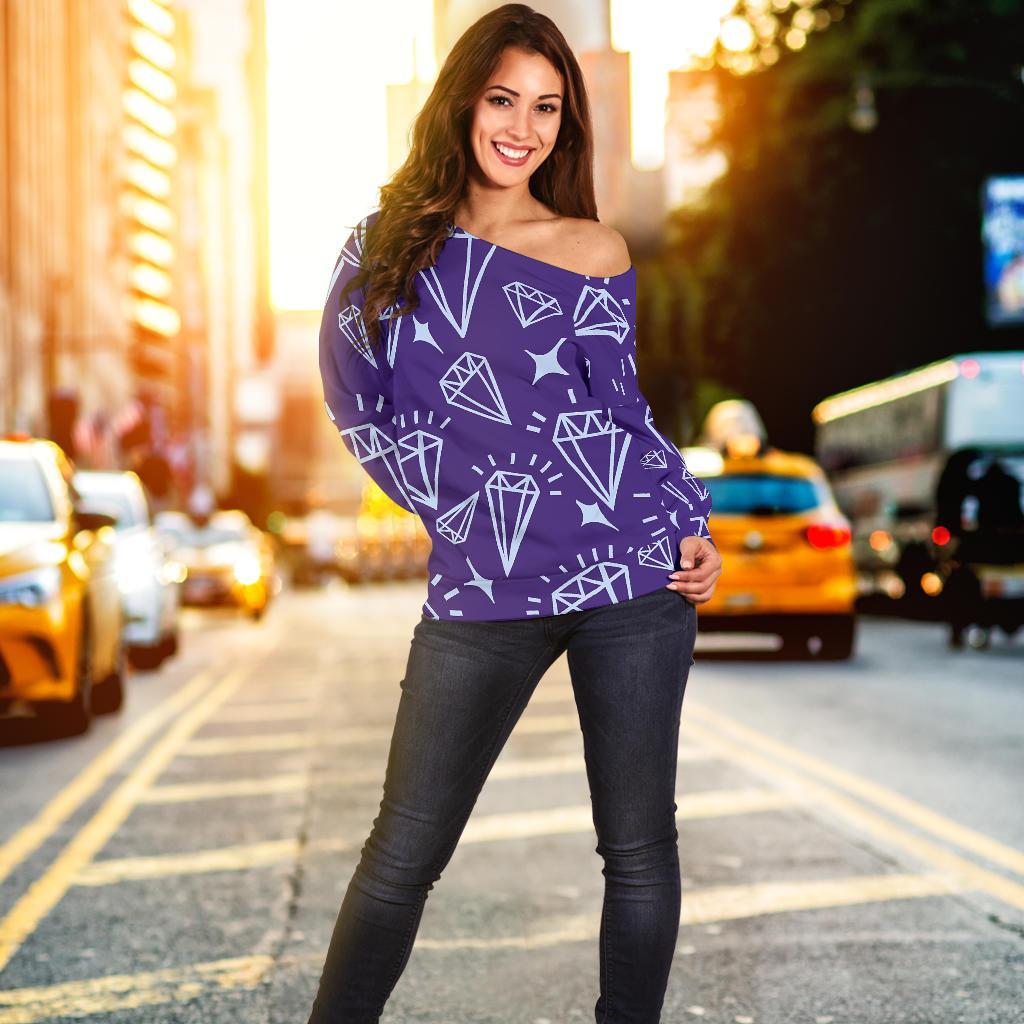 Diamond Purple Print Pattern Women Off Shoulder Sweatshirt-grizzshop