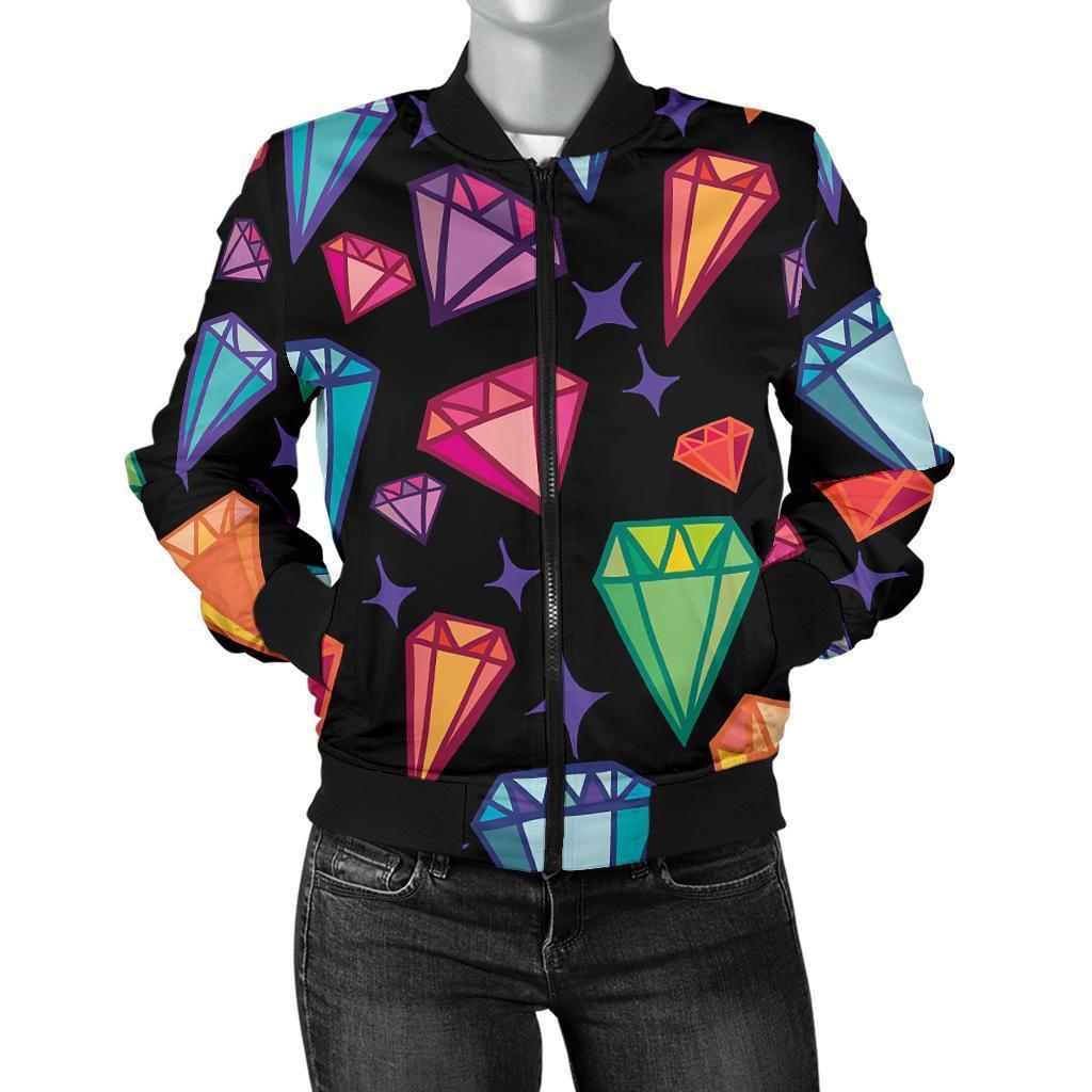 Diamond Colorful Print Pattern Women Casual Bomber Jacket-grizzshop