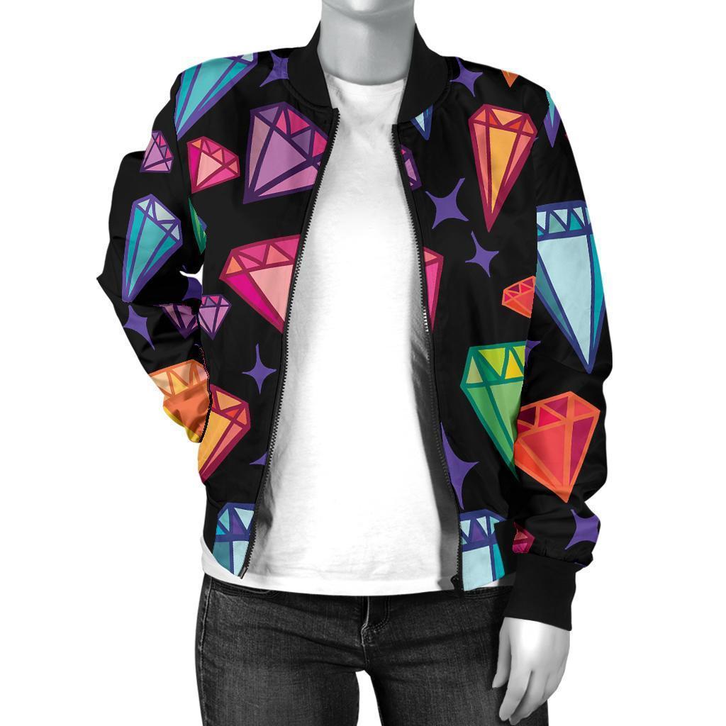 Diamond Colorful Print Pattern Women Casual Bomber Jacket-grizzshop