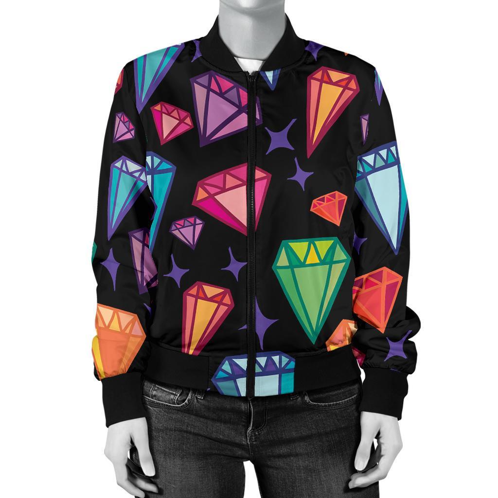 Diamond Colorful Print Pattern Women Casual Bomber Jacket-grizzshop