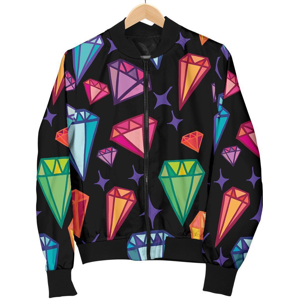 Diamond Colorful Print Pattern Women Casual Bomber Jacket-grizzshop