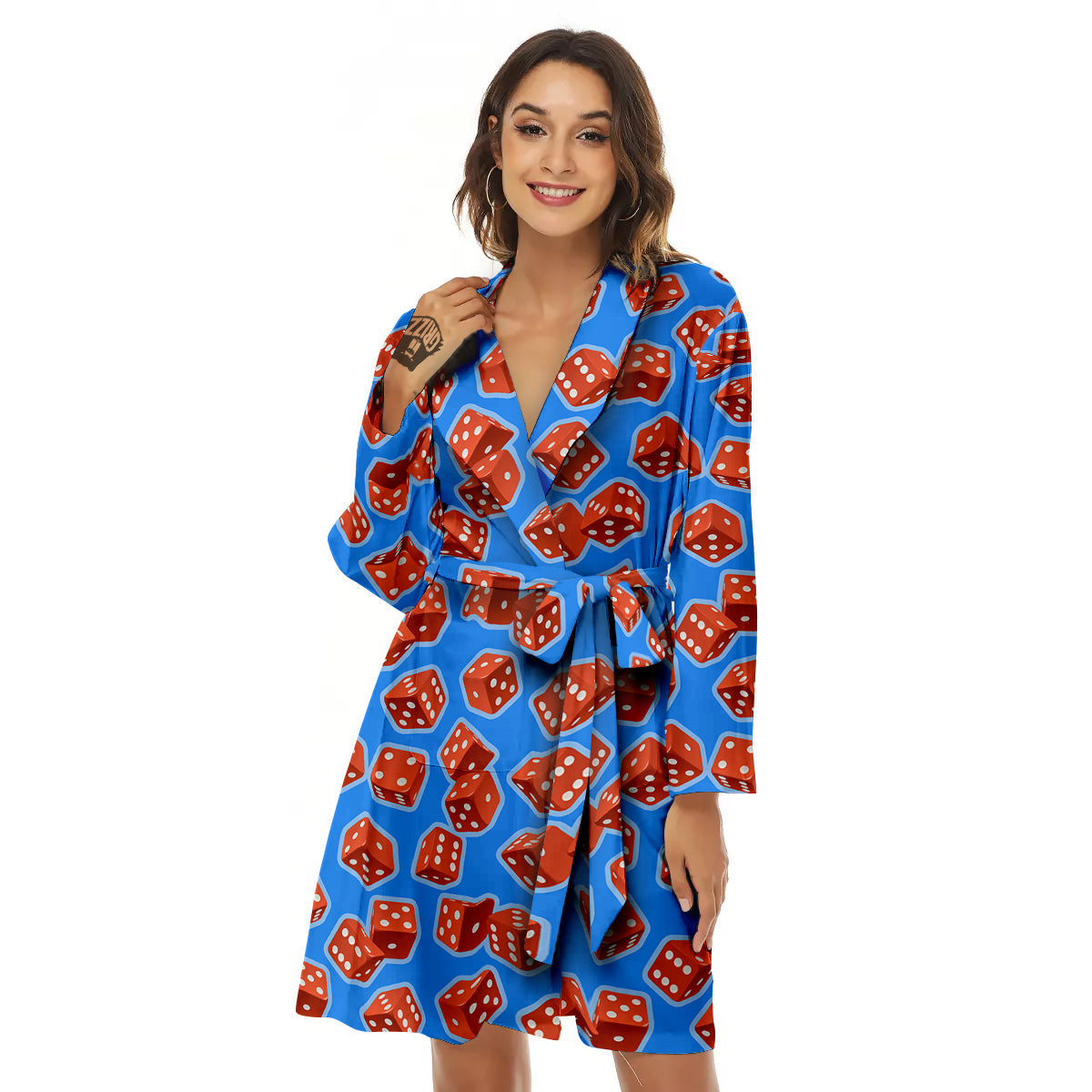 Dice Blue And Red Print Pattern Women's Robe-grizzshop
